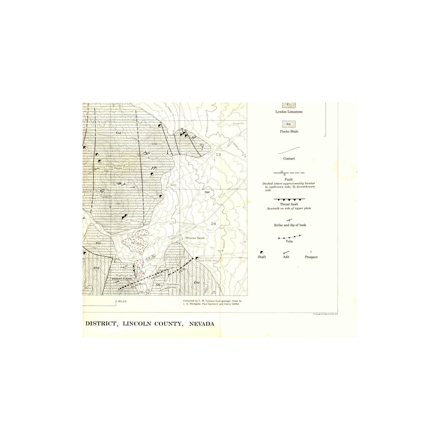 Historic Mine Map - Nevada Highland District Lincoln County Mines - Tschanz 1953