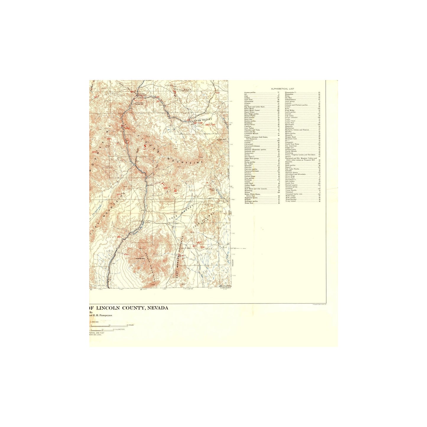 Historic Mine Map - Nevada Lincoln County Mineral Mines - Tschanz 1954 - Vintage Wall Art