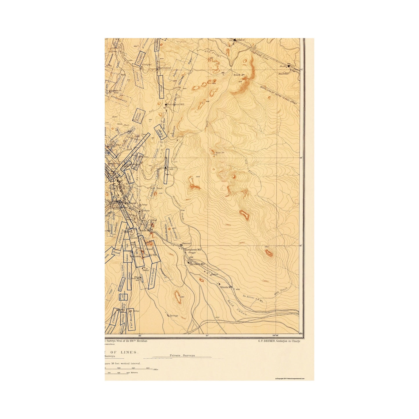 Historic Mine Map - Nevada Washoe Mining District Claims - Hoffman 1882 - Vintage Wall Art