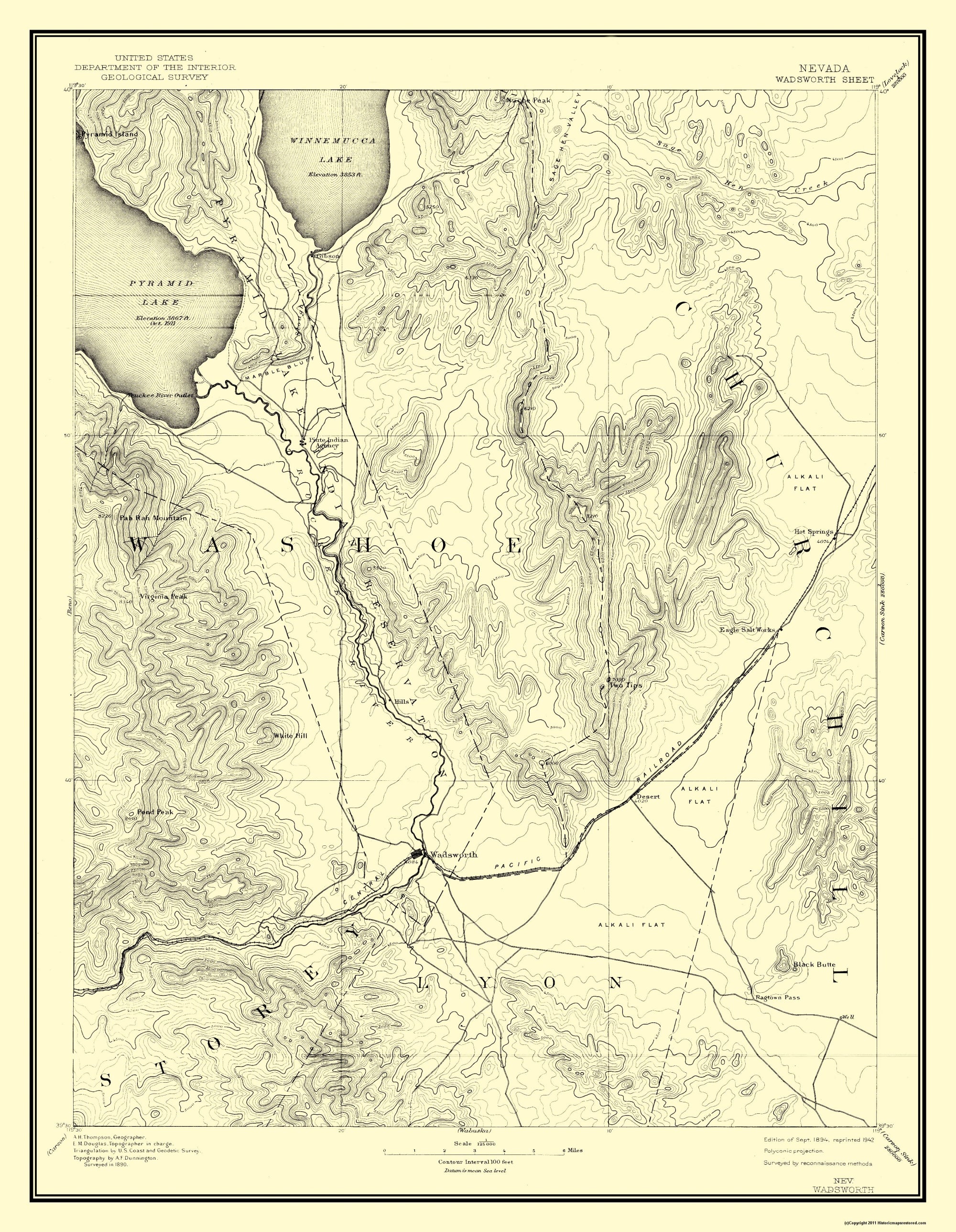 Topographical Map - Wadsworth Nevada Sheet - Usgs 1894 - 23 X 29.61 