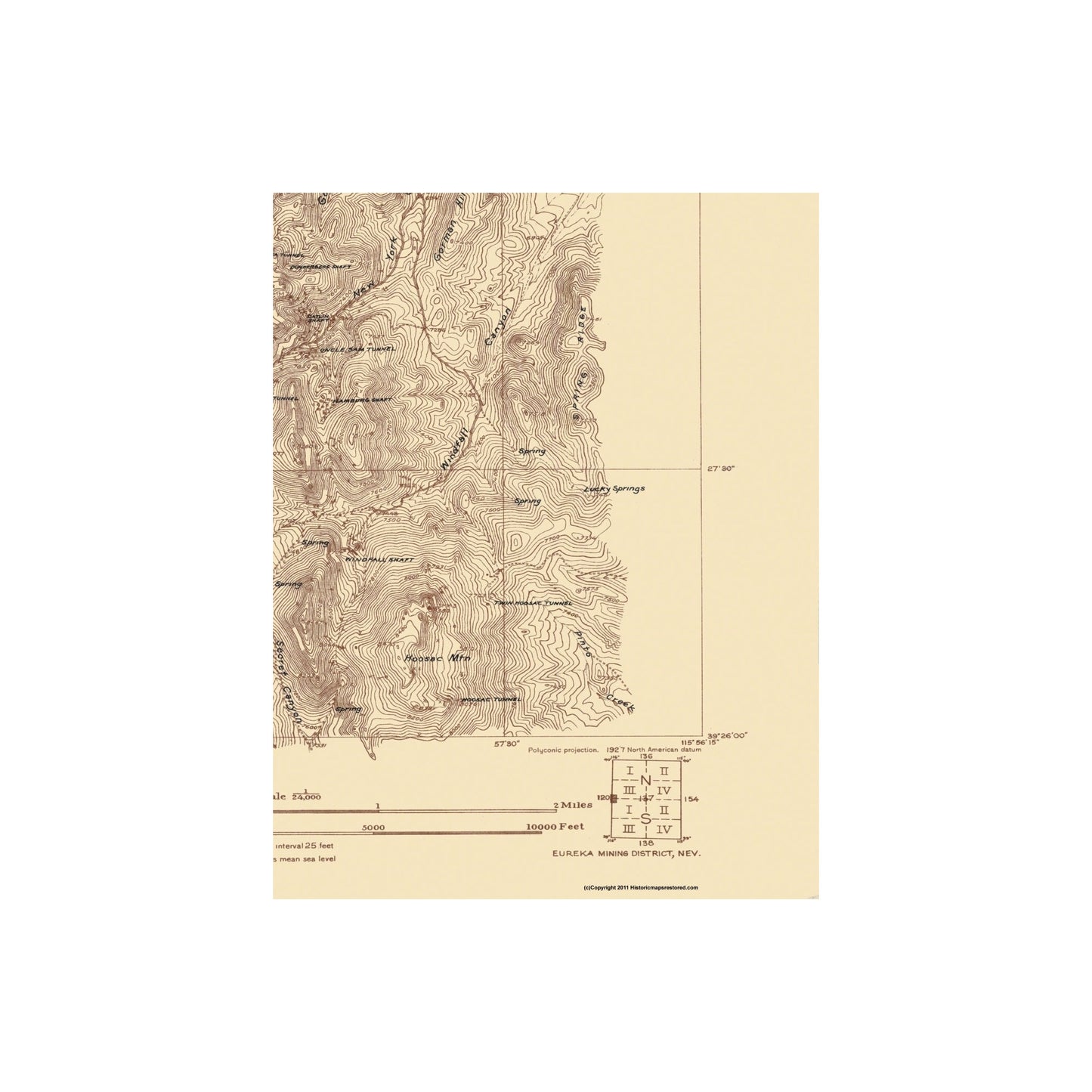 Topographical Map - Eureka Mining District Nevada Sheet - USGS 1927 - Vintage Wall Art