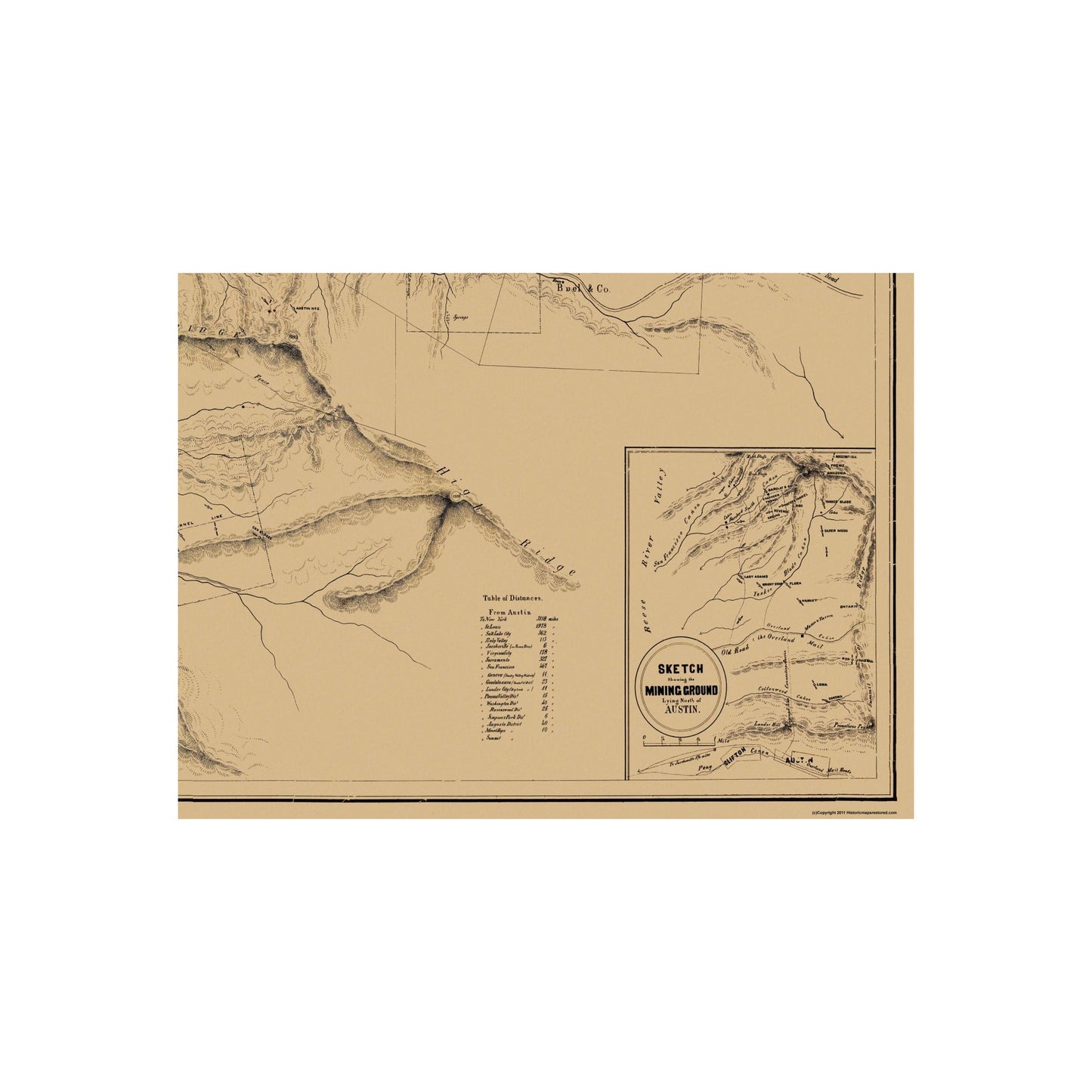 Historic Mine Map - Nevada Austin Reese River Mine District - Allardt 1863 - Vintage Wall Art