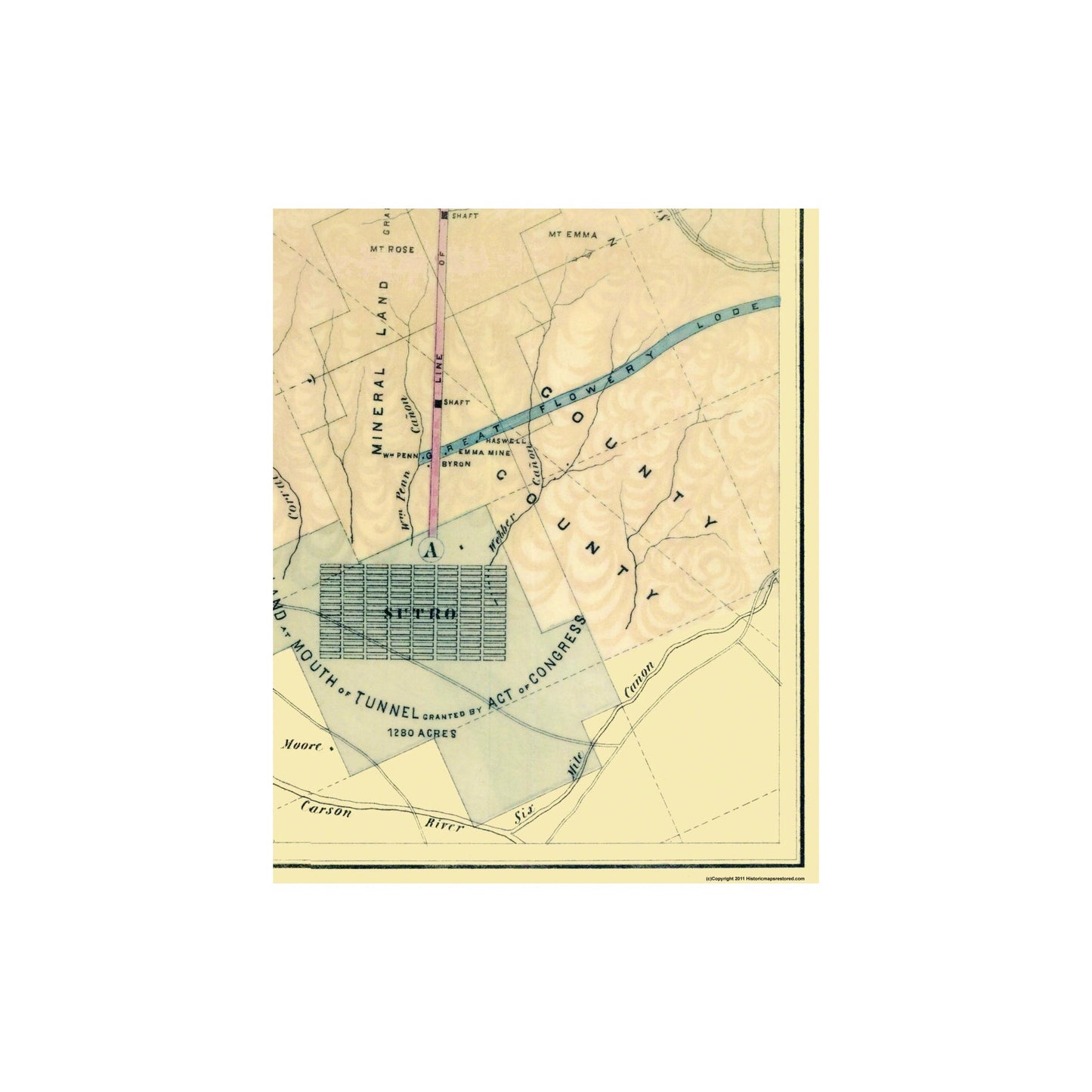 Historic Mine Map - Nevada Sultro Tunnel Comstock Lode - Hoffmann 1866 - Vintage Wall Art