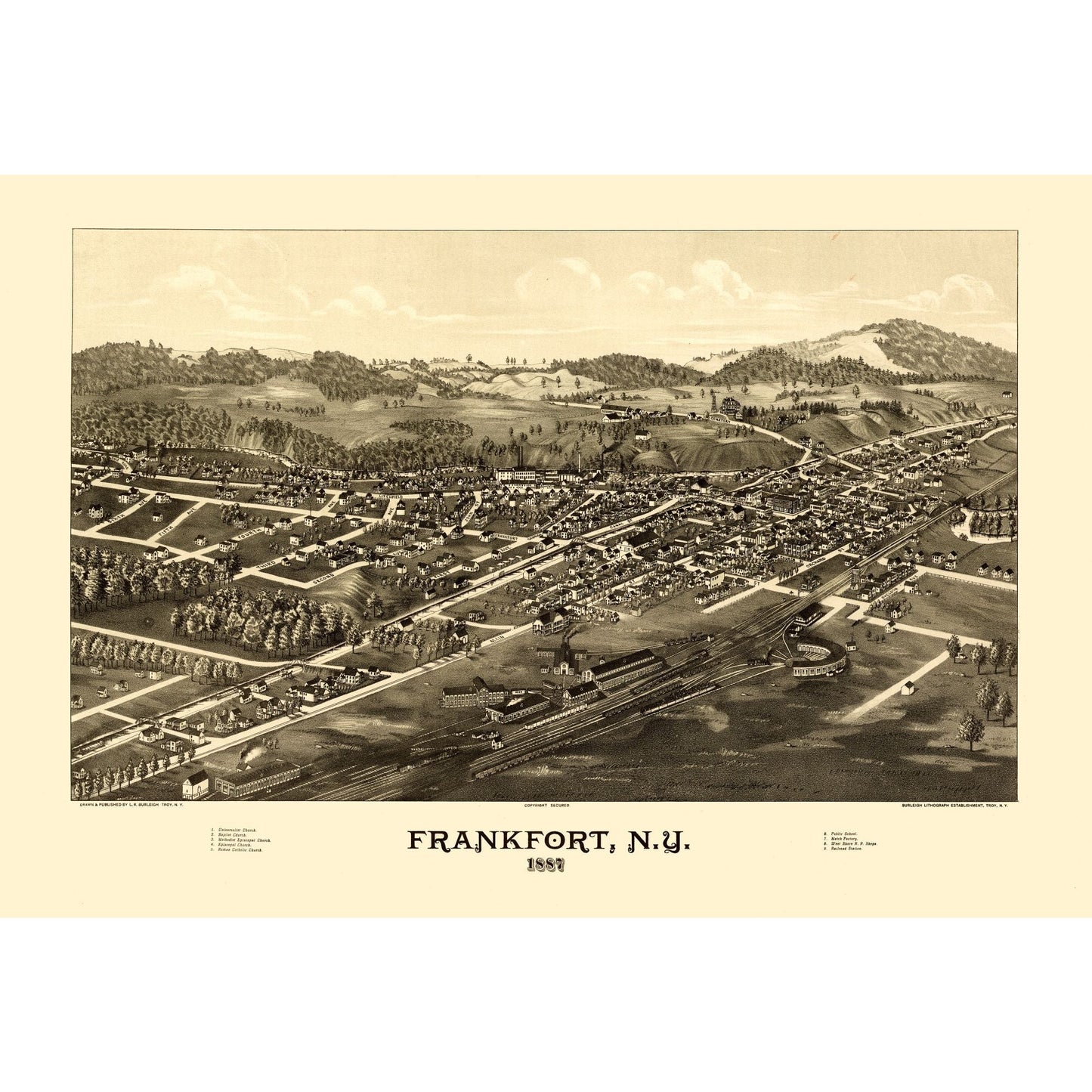 Historic Panoramic View - Frankfort New York - Burleigh 1887 - 33.81 x 23 - Vintage Wall Art