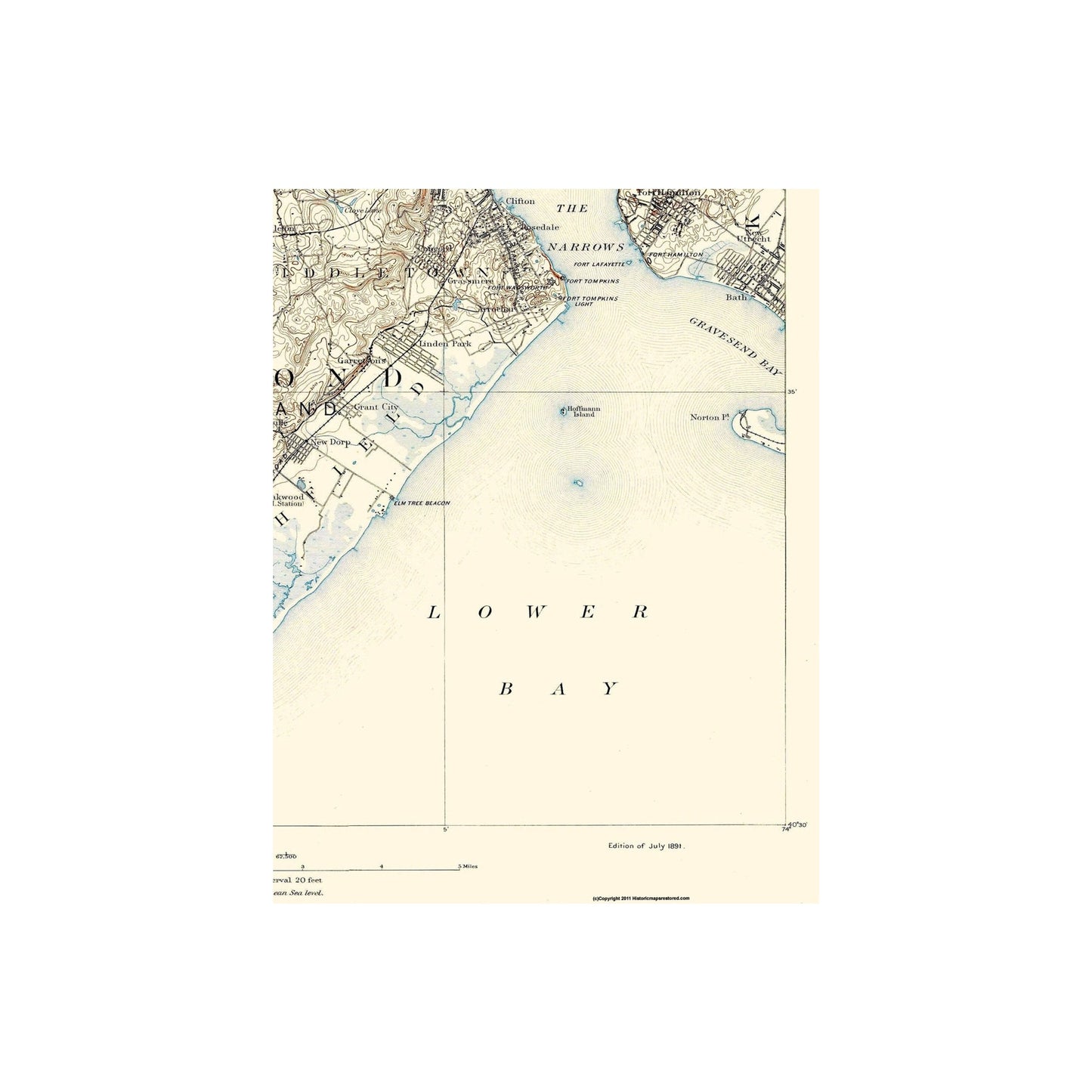 Topographical Map - Staten Island New York New Jersey Sheet - USGS 1891 - Vintage Wall Art