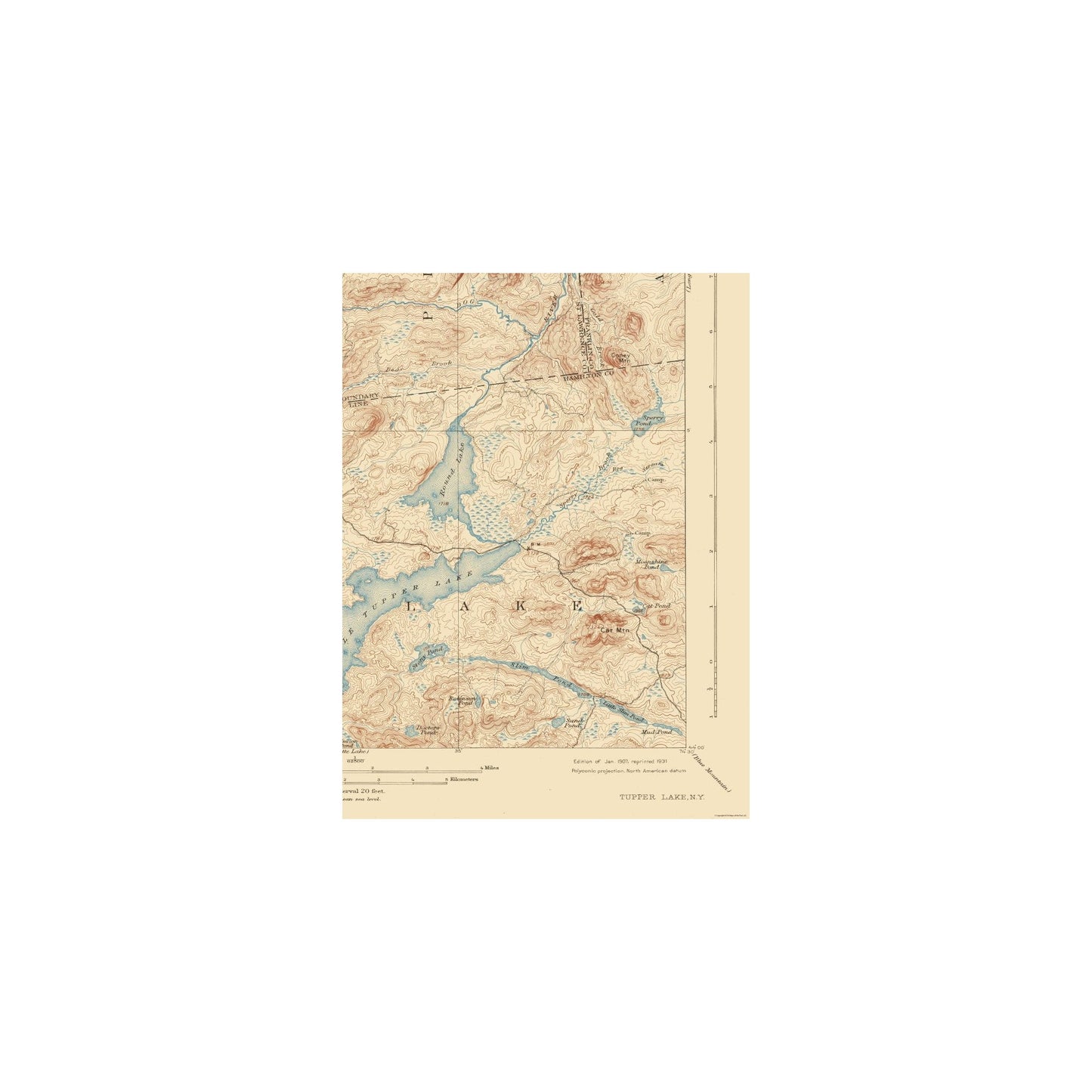 Topographical Map - Tupper Lake New York Quad - USGS 1907 - Vintage Wall Art