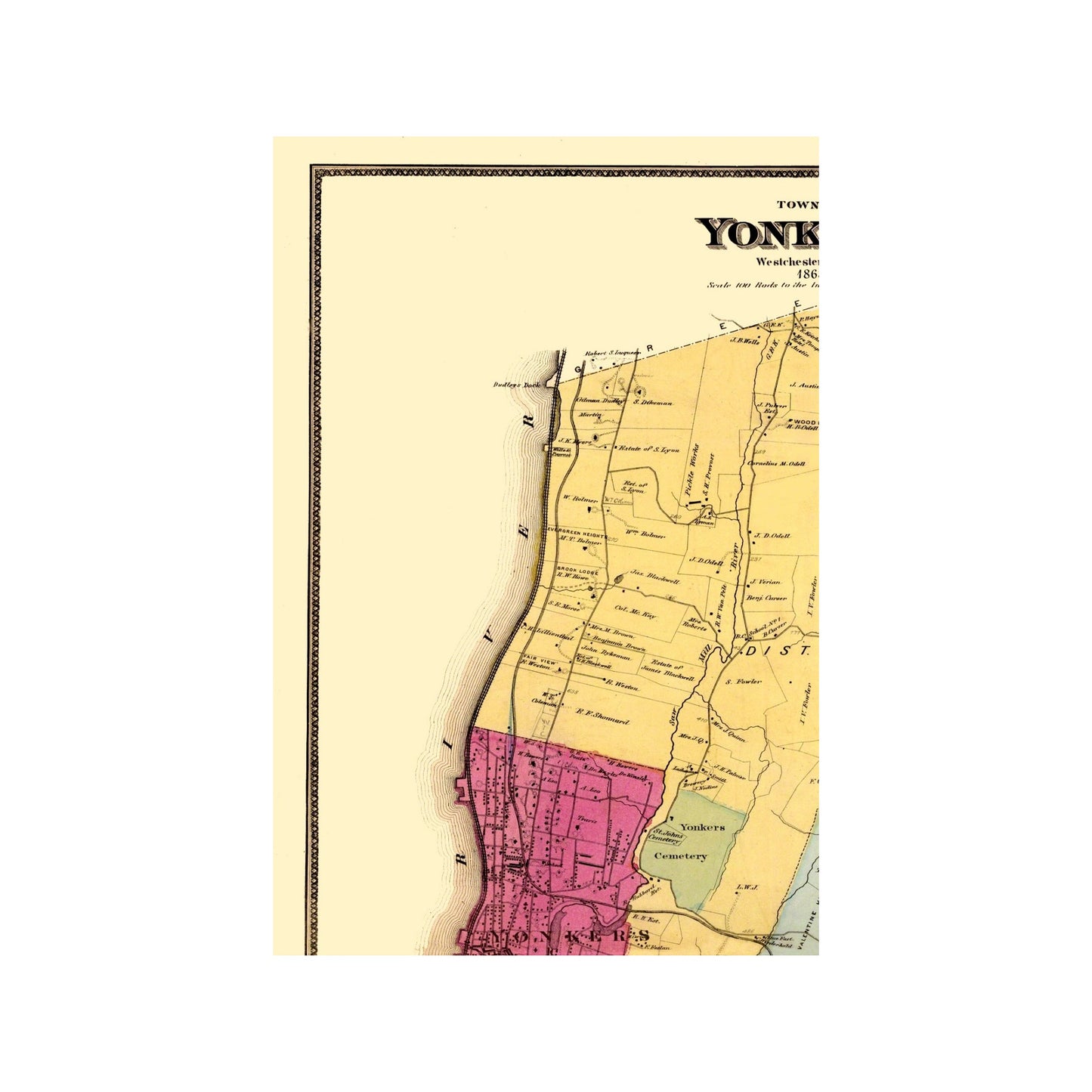 Historic City Map - Yonkers New York - Beers 1868 - 23 x 34.5 - Vintage Wall Art