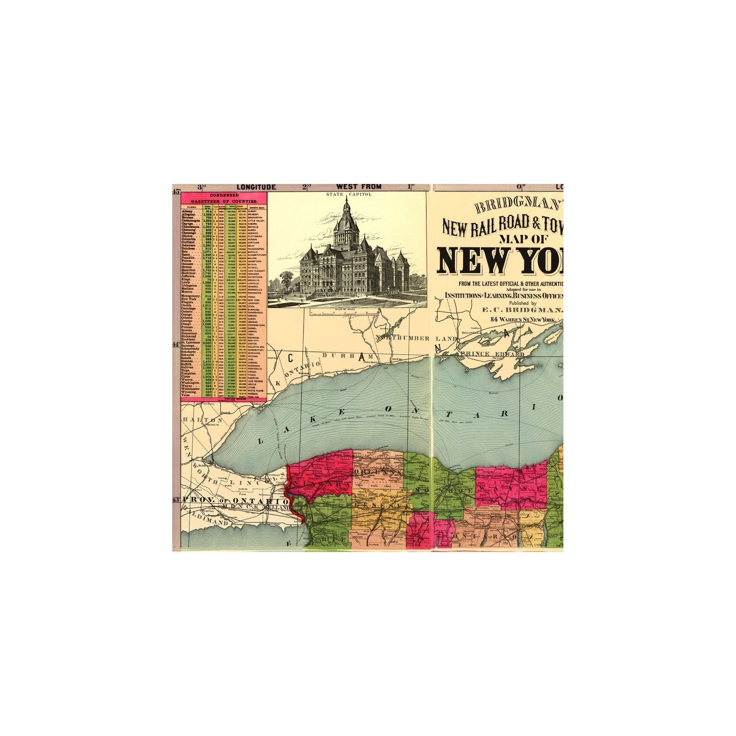 Railroad Map - New York Railroads Townships - Bridgman 1896 - 23 x 24.46 - Vintage Wall Art