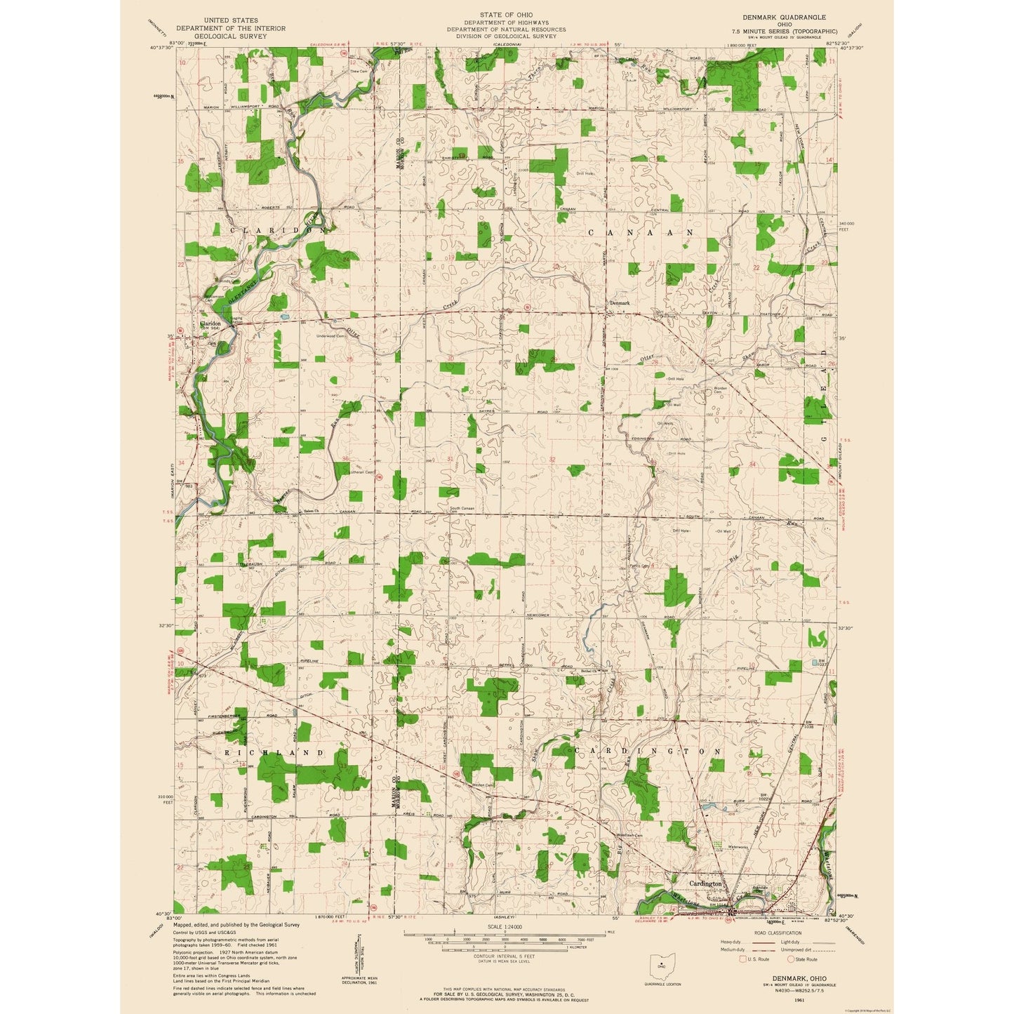 Topographical Map - Denmark Ohio Quad - USGS 1961 - 23 x 30.14 - Vintage Wall Art