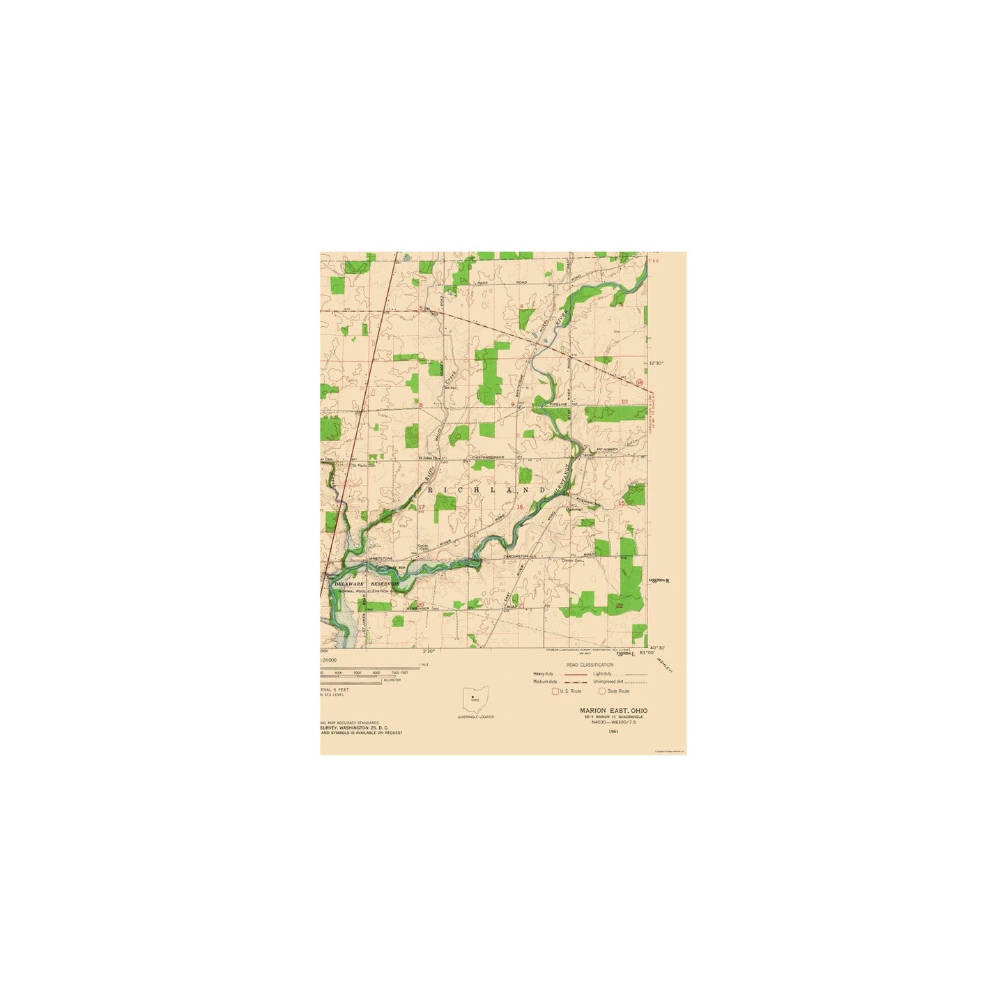 Topographical Map - East Marion Ohio Quad - USGS 1961 - Vintage Wall Art