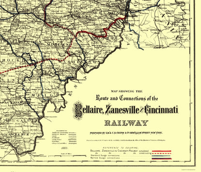 Railroad Map - Bellaire Zanesville and Cincinatti Railway 1883 - 23 x 26 - Vintage Wall Art