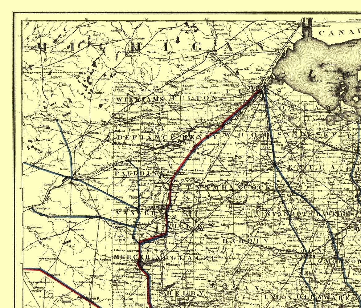 Railroad Map - Bellaire Zanesville and Cincinatti Railway 1883 - 23 x 26 - Vintage Wall Art