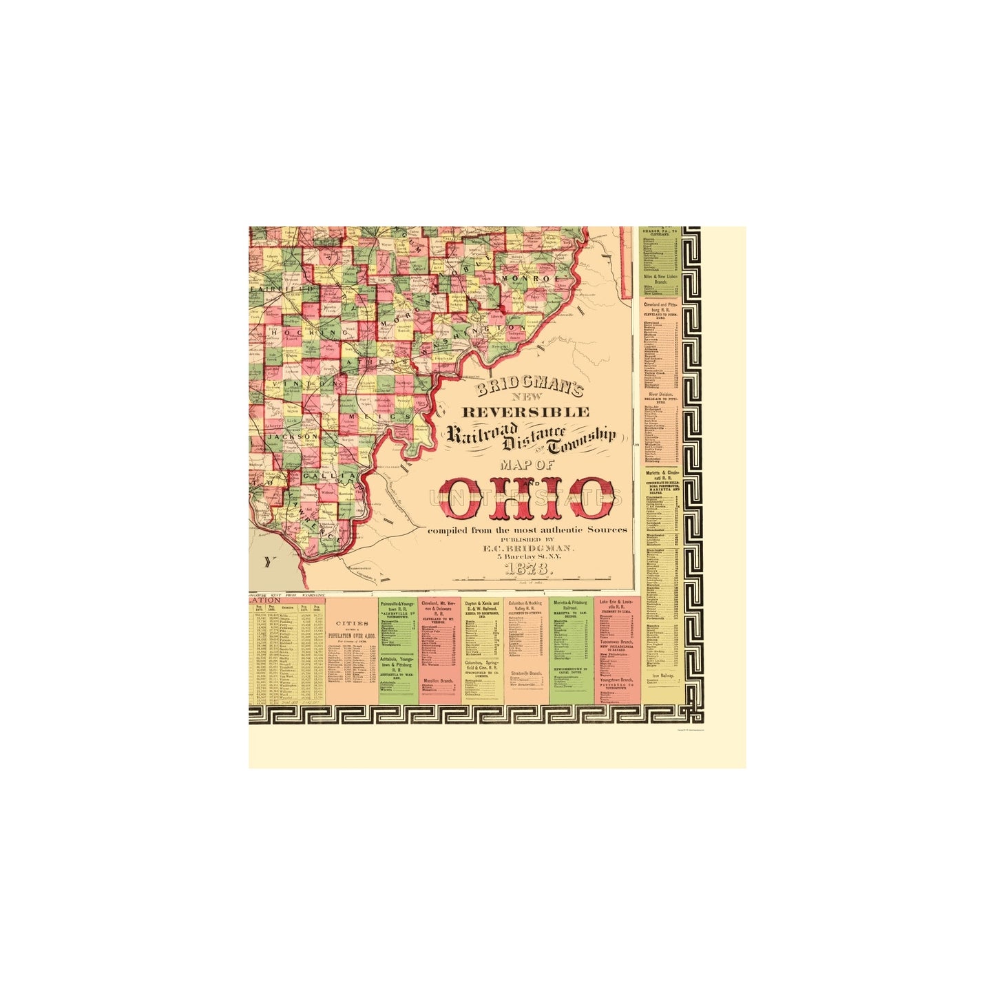 Railroad Map - Ohio Railroad Distances and Townships - Bridgman 1873 - Vintage Wall Art