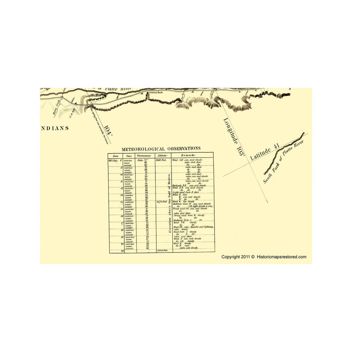Topographical Map - Oregon Trail Wyoming 3 of 7 - Fremont 1846 - Vintage Wall Art