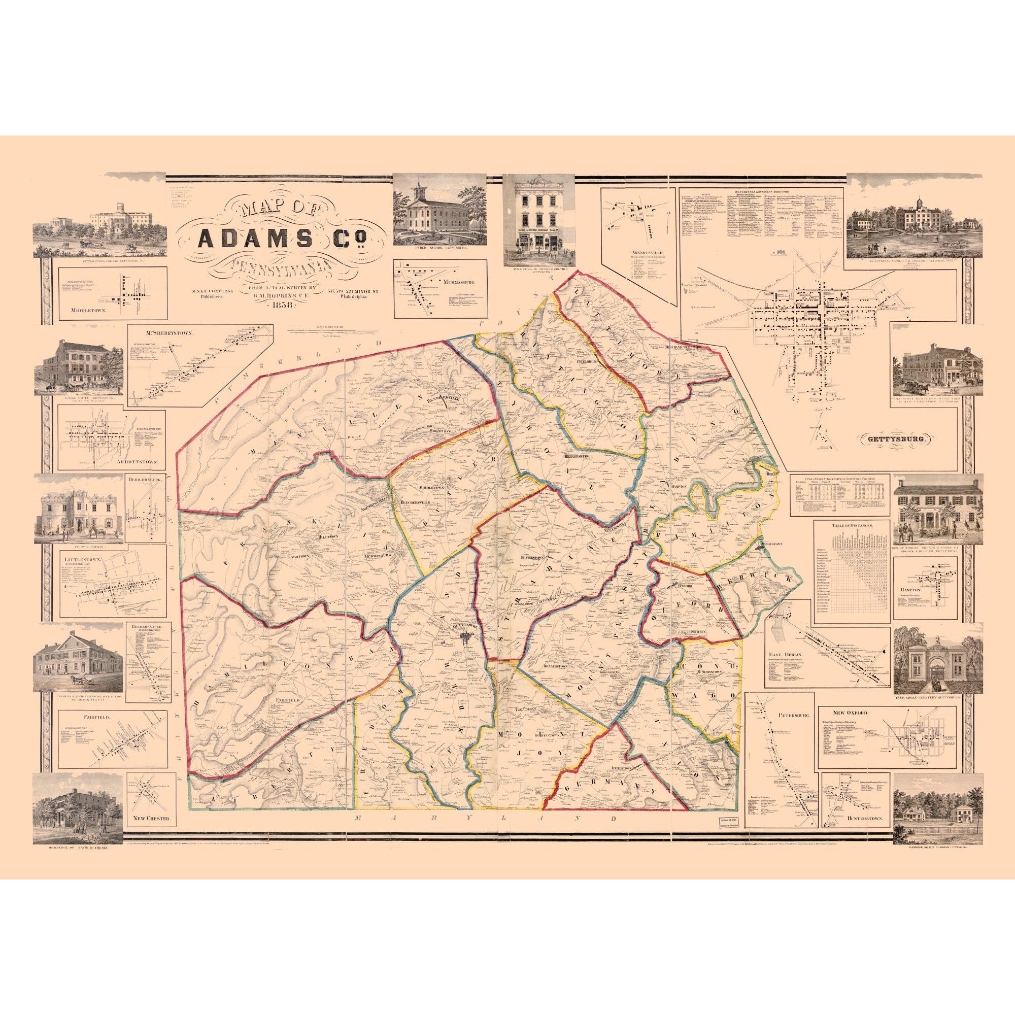 Historic County Map Adams County Pennsylvania Hopkins 1858 31.39