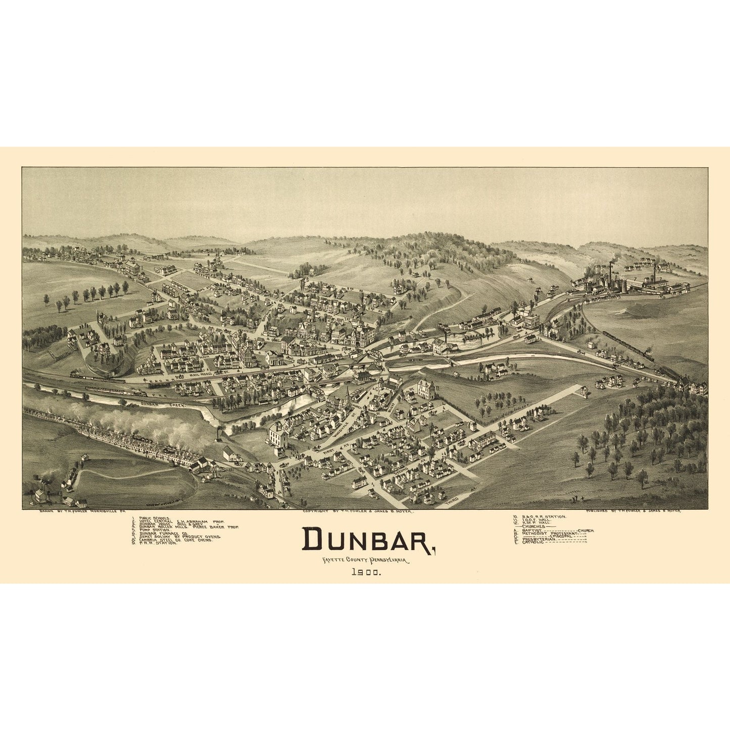 Historic Panoramic View - Dunbar Pennsylvania - Moyer 1900 - 38.43 x 23 - Vintage Wall Art
