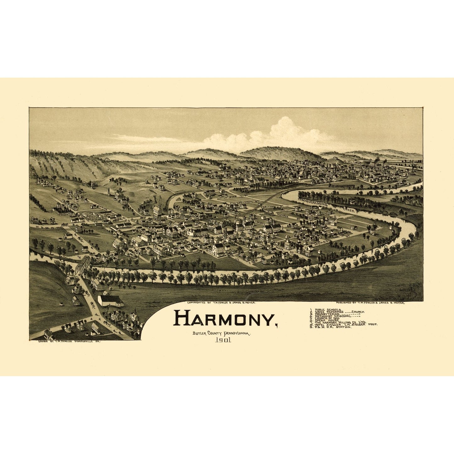 Historic Panoramic View - Harmony Pennsylvania - Fowler 1901 - 34.99 x 23 - Vintage Wall Art