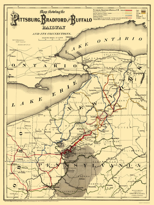 Railroad Map - Pittsburg Bradford and Buffalo Railway - Colton 1882 - 23 x 30 - Vintage Wall Art