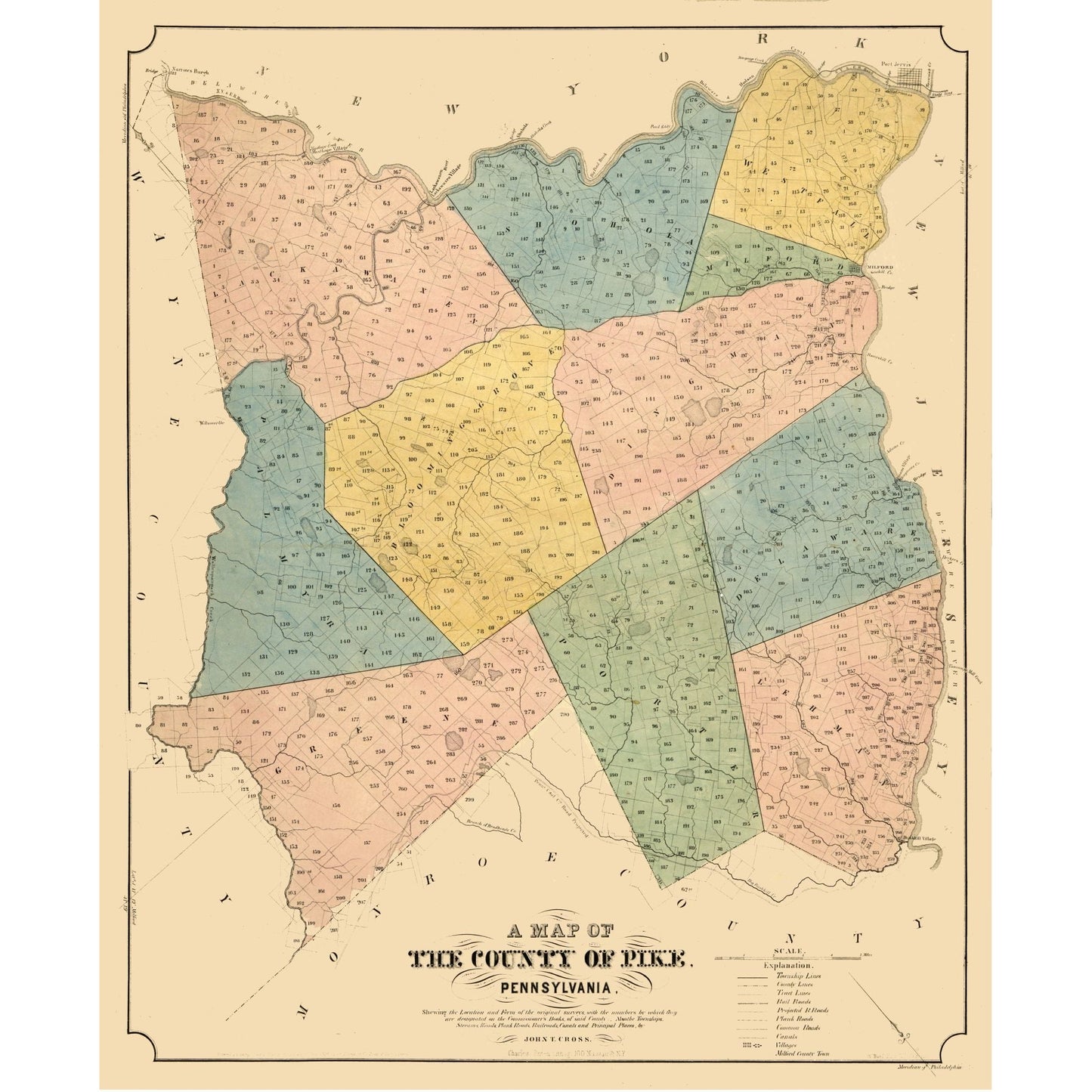 Historic County Map - Pike County Pennsylvania - Cross 1856 - 23 x 28.14 - Vintage Wall Art