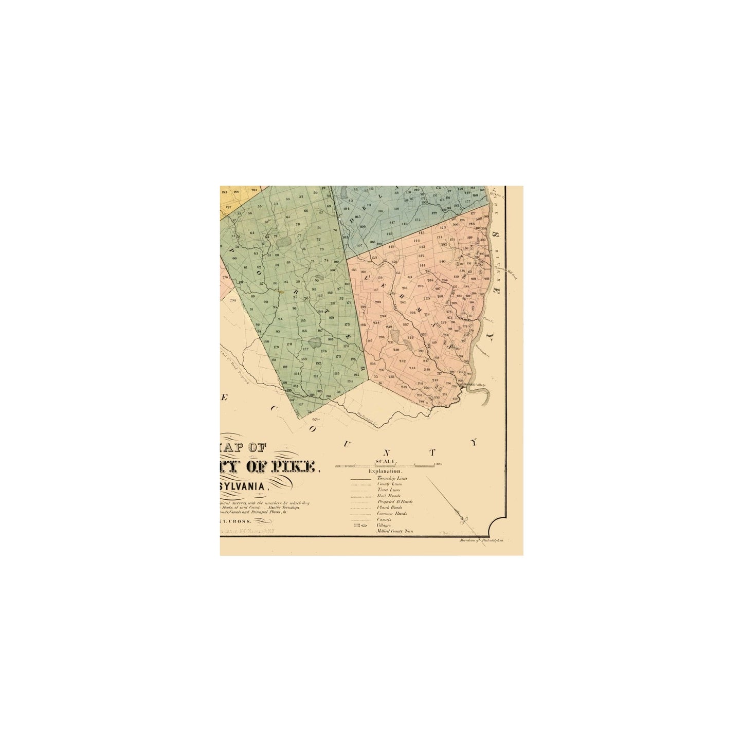 Historic County Map - Pike County Pennsylvania - Cross 1856 - 23 x 28.14 - Vintage Wall Art