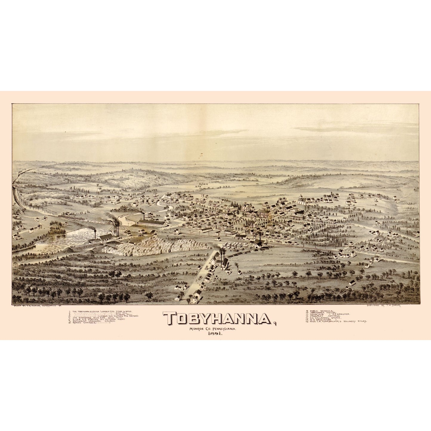 Historic Panoramic View - Tobyhanna Pennsylvania - Fowler 1891 - 39.79 x 23 - Vintage Wall Art