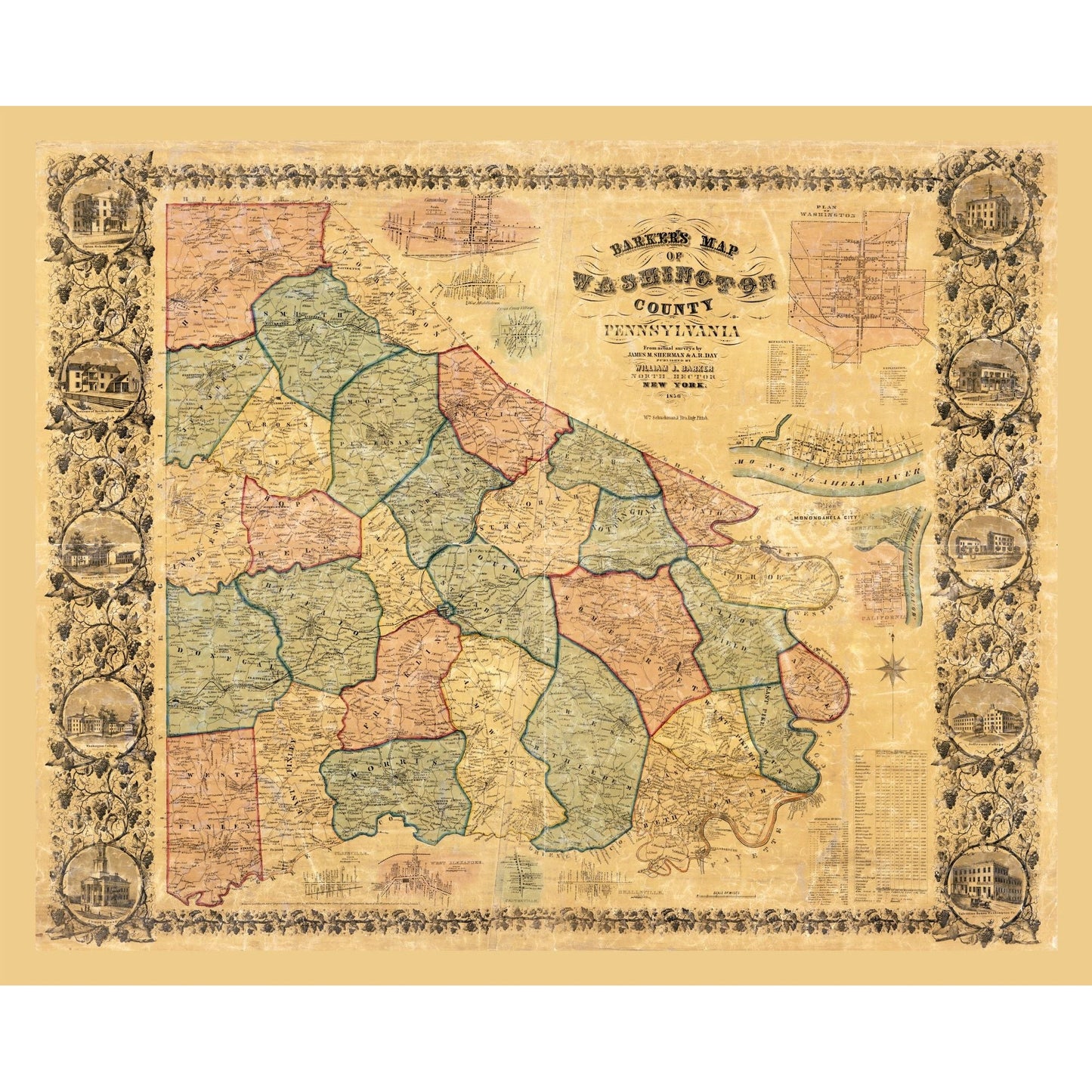 Historic County Map - Washington County Pennsylvania - Barker 1856 - 28.55 x 23 - Vintage Wall Art