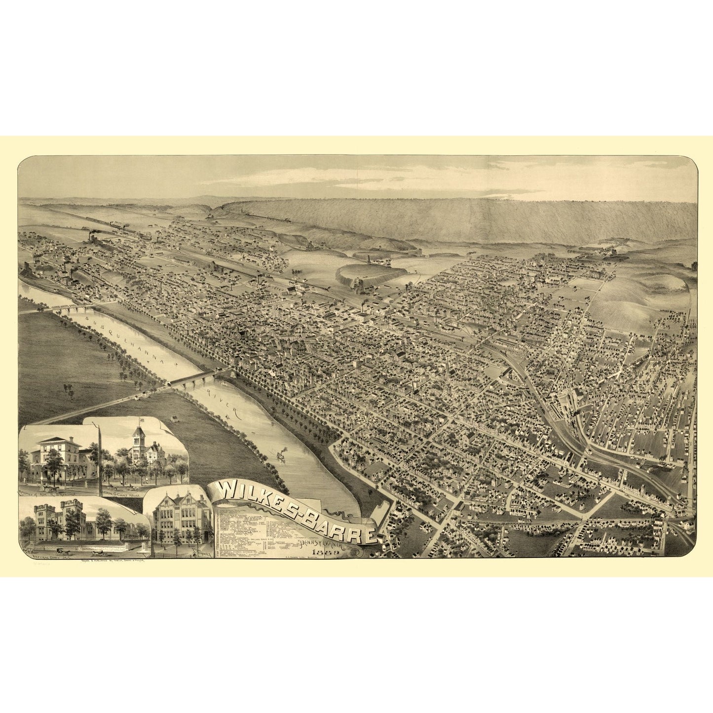Historic Panoramic View - Wilkes Barre Pennsylvania - Moyer 1889 - 37.16 x 23 - Vintage Wall Art