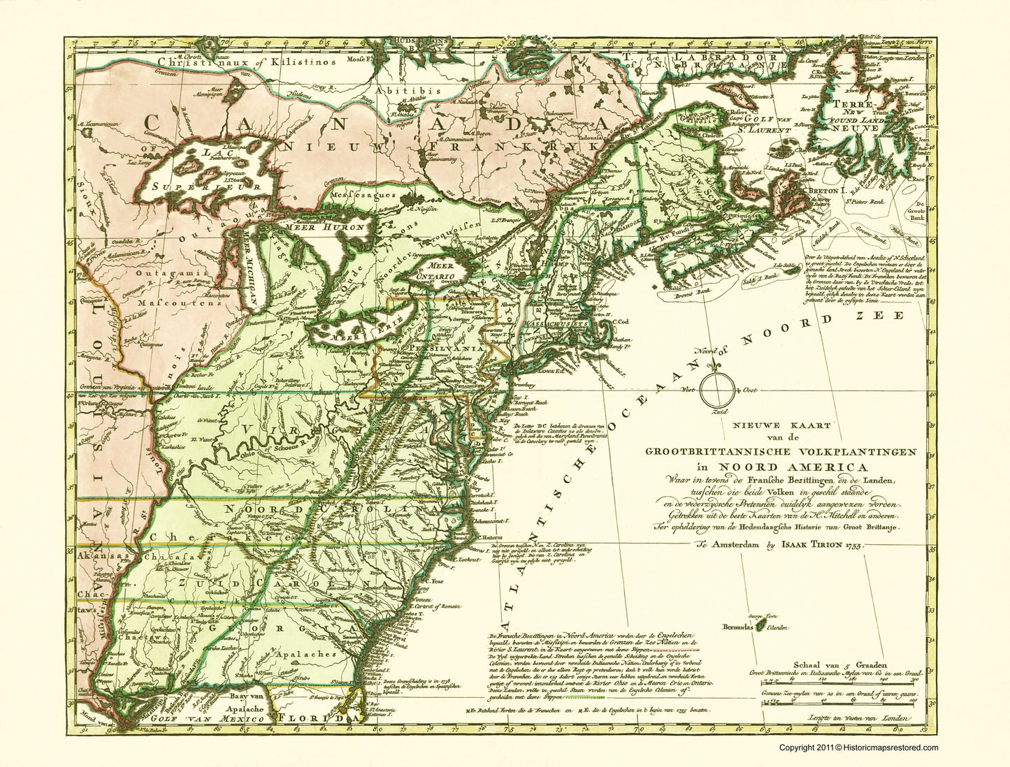 Historic Revolutionary War Map - North America Great Britain Colonies - Tirion 1755 - 23 x 25.73 - Vintage Wall Art