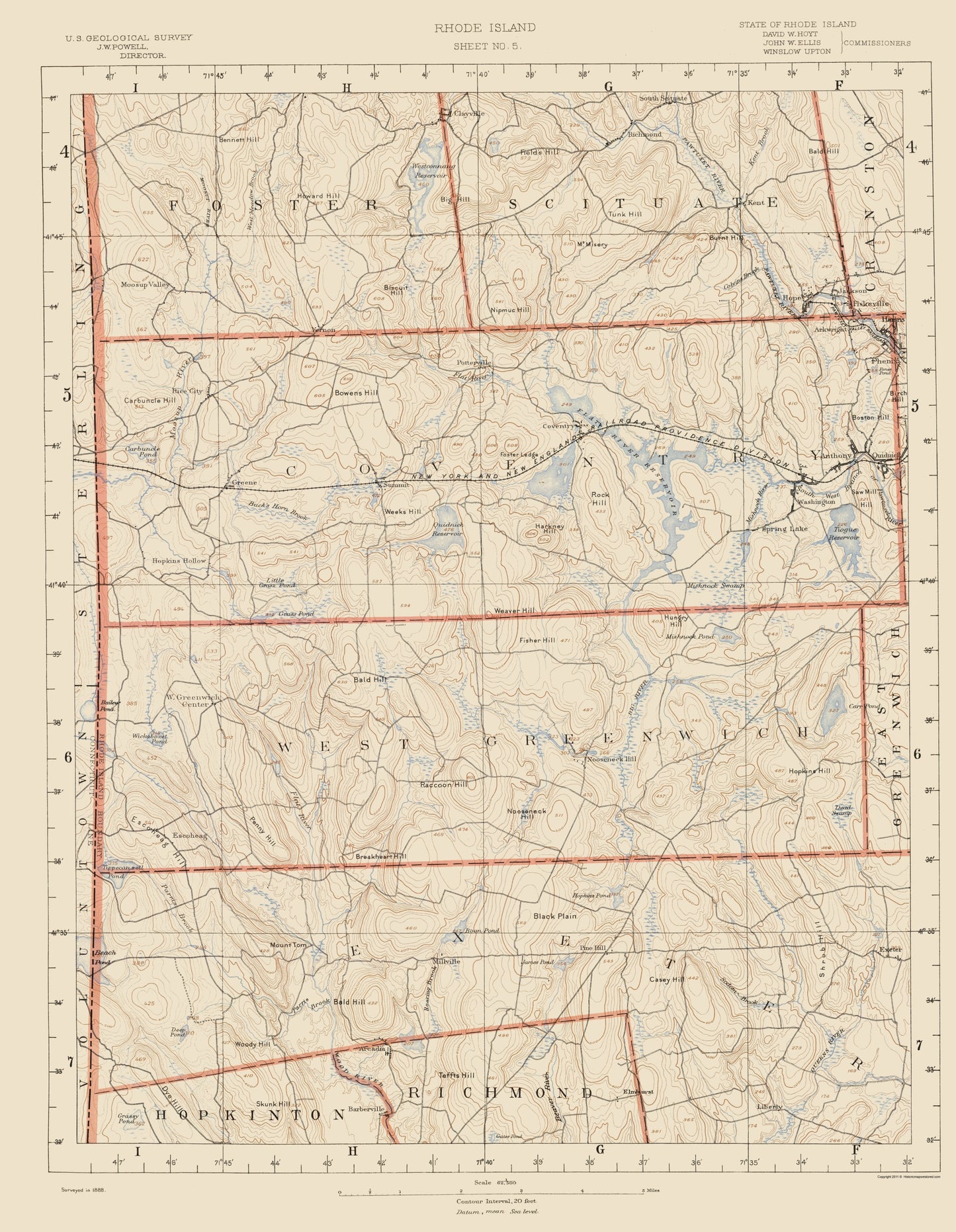 Topographical Map - Rhode Island Sheet 5 - USGS 1891 - 23 x 29.65 - Vintage Wall Art
