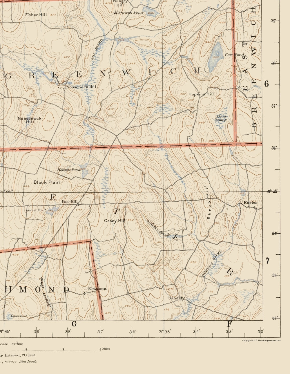 Topographical Map - Rhode Island Sheet 5 - USGS 1891 - 23 x 29.65 - Vintage Wall Art