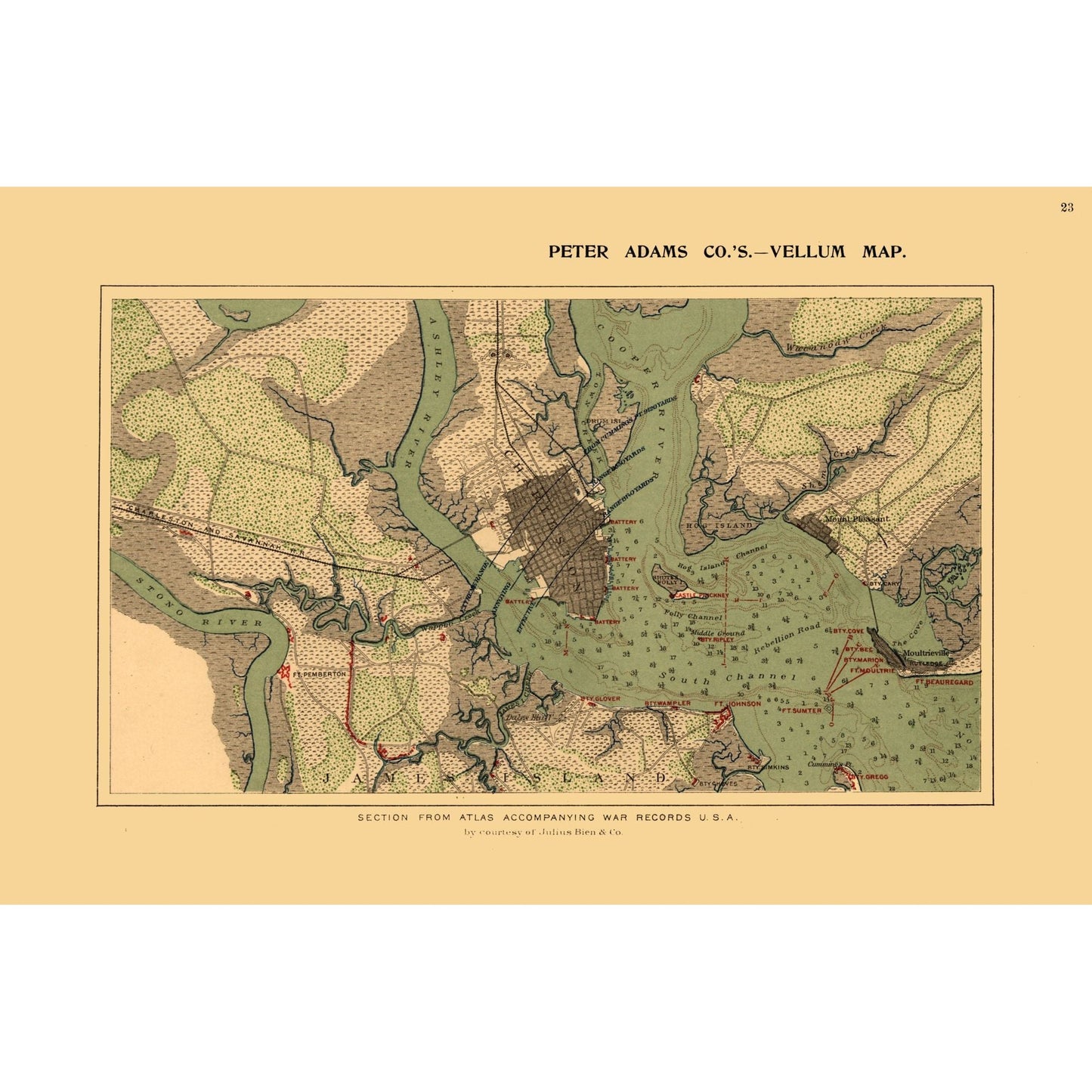 Historical Civil War Map - Charleston Harbor South Carolina - Adams 1860 - 34.98 x 23 - Vintage Wall Art