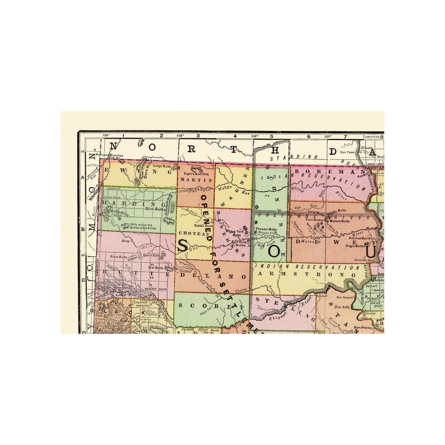 Historic State Map - South Dakota - Rand McNally 1897 - 33.44 x 23 - Vintage Wall Art
