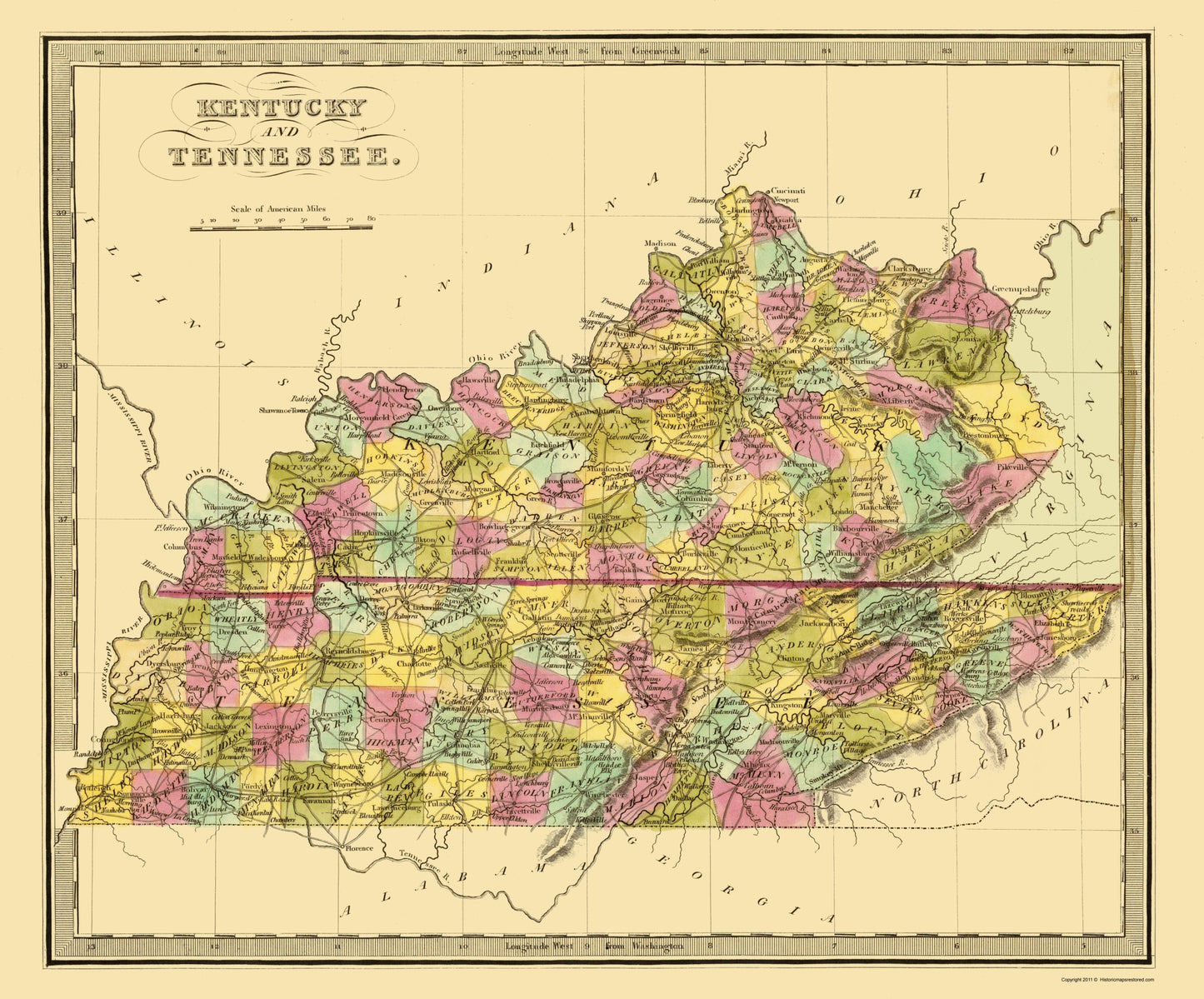 Historic State Map - Kentucky Tennessee - Brattleboro 1840 - 23 x 27.73 - Vintage Wall Art