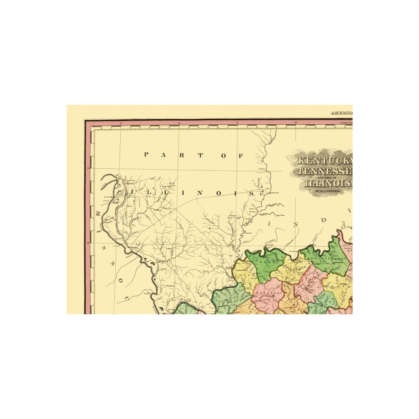 Historic State Map - Kentucky Tennessee Part of Illinois - Tanner 1823 - 23 x 31.41 - Vintage Wall Art
