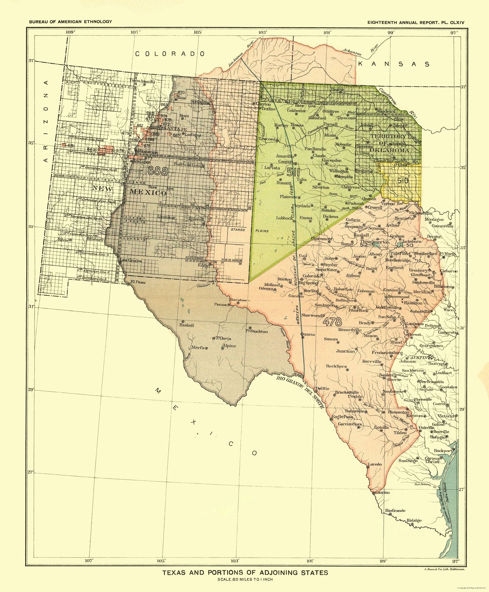 Historic State Map Texas Hoen 1896 23 X 2781 Vintage Wall Art