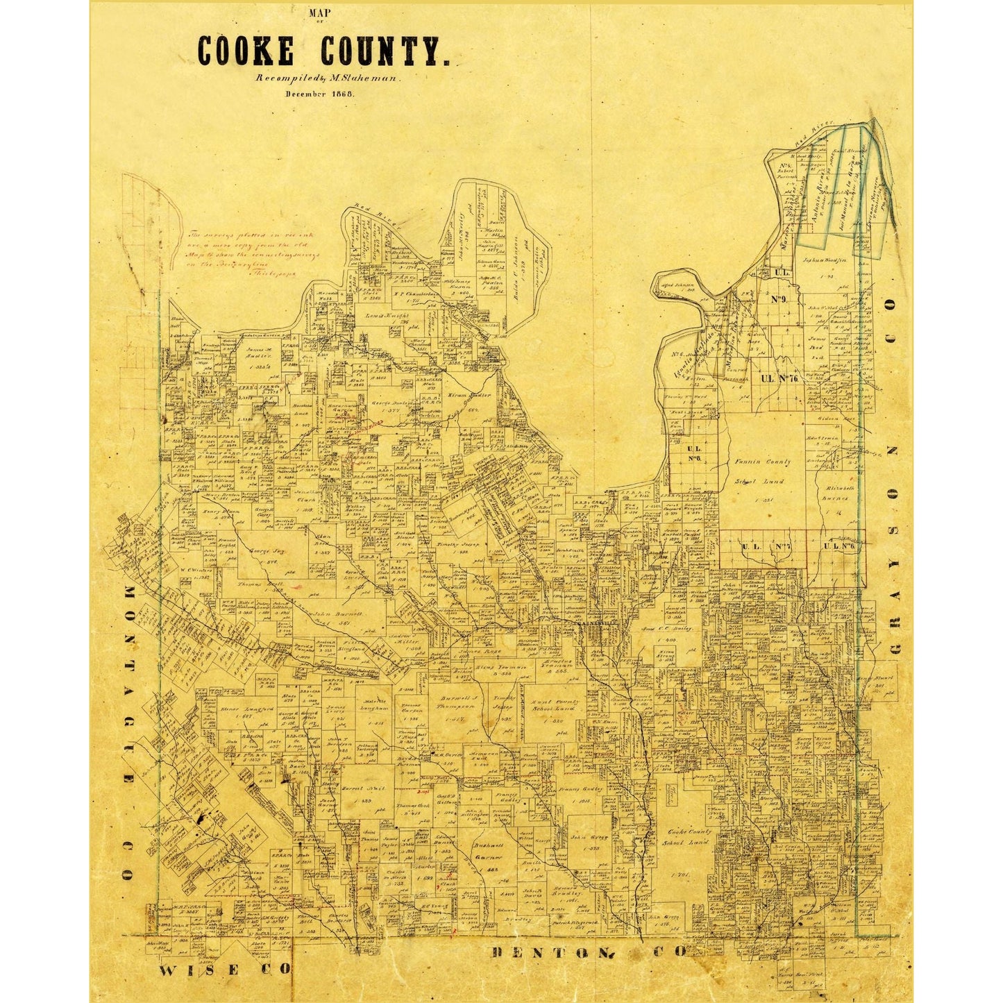 Historic County Map - Cooke County Texas - General Land Office 1868 - 23 x 27.98 - Vintage Wall Art