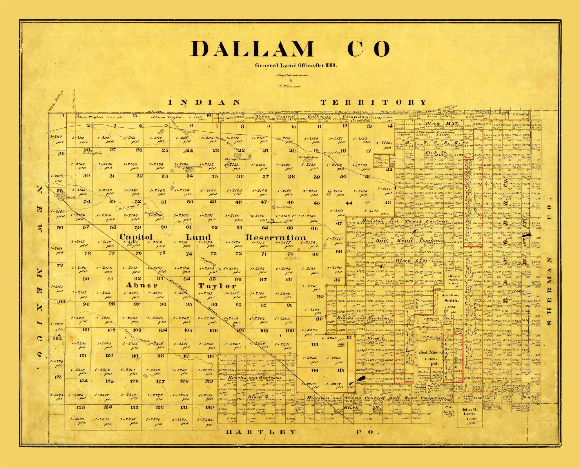 Historic County Map - Dallam County Texas - Beaumont 1889 - 28.51 X 23 