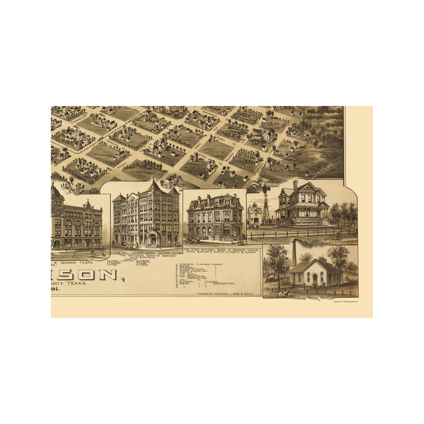 Historic Panoramic View - Denison Texas - Fowler 1891 - 23 x 34.95 - Vintage Wall Art