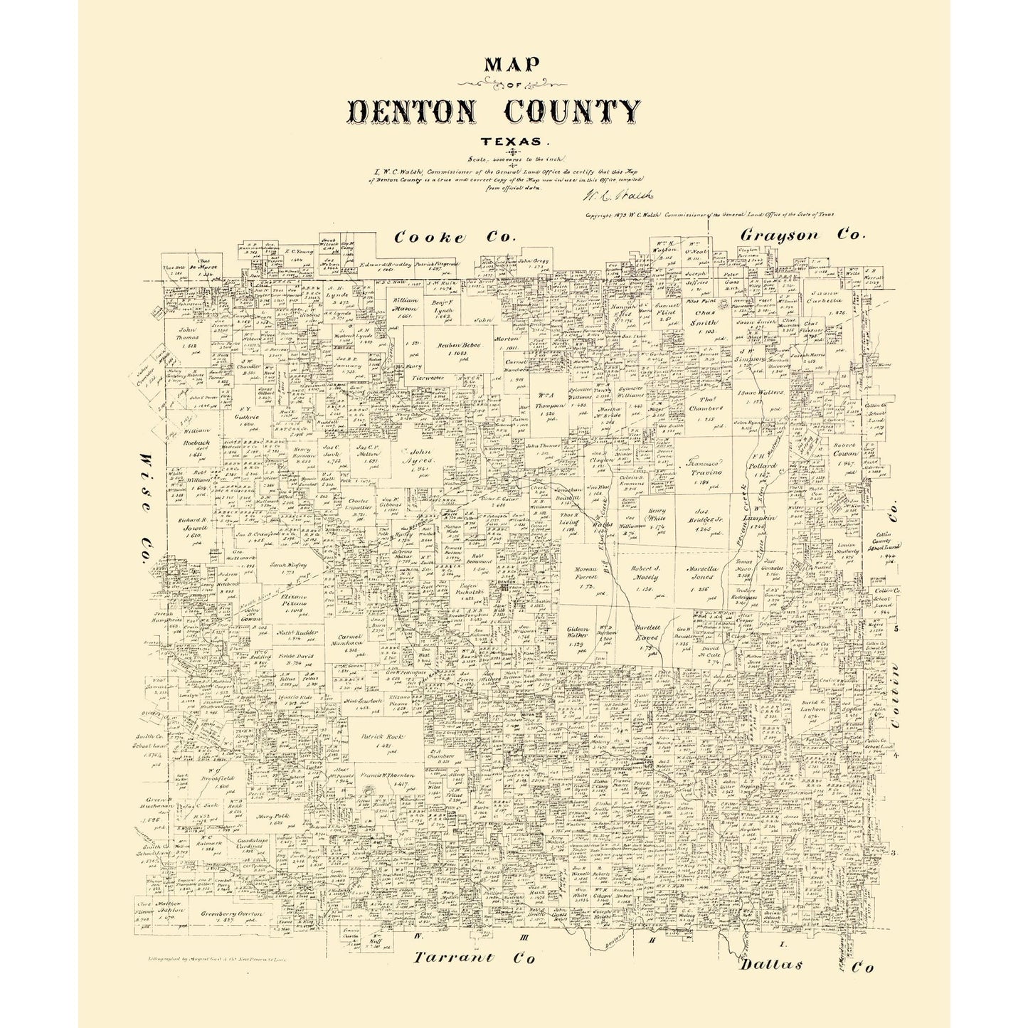 Historic County Map - Denton County Texas - Walsh 1879 - 23 x 27.10 - Vintage Wall Art