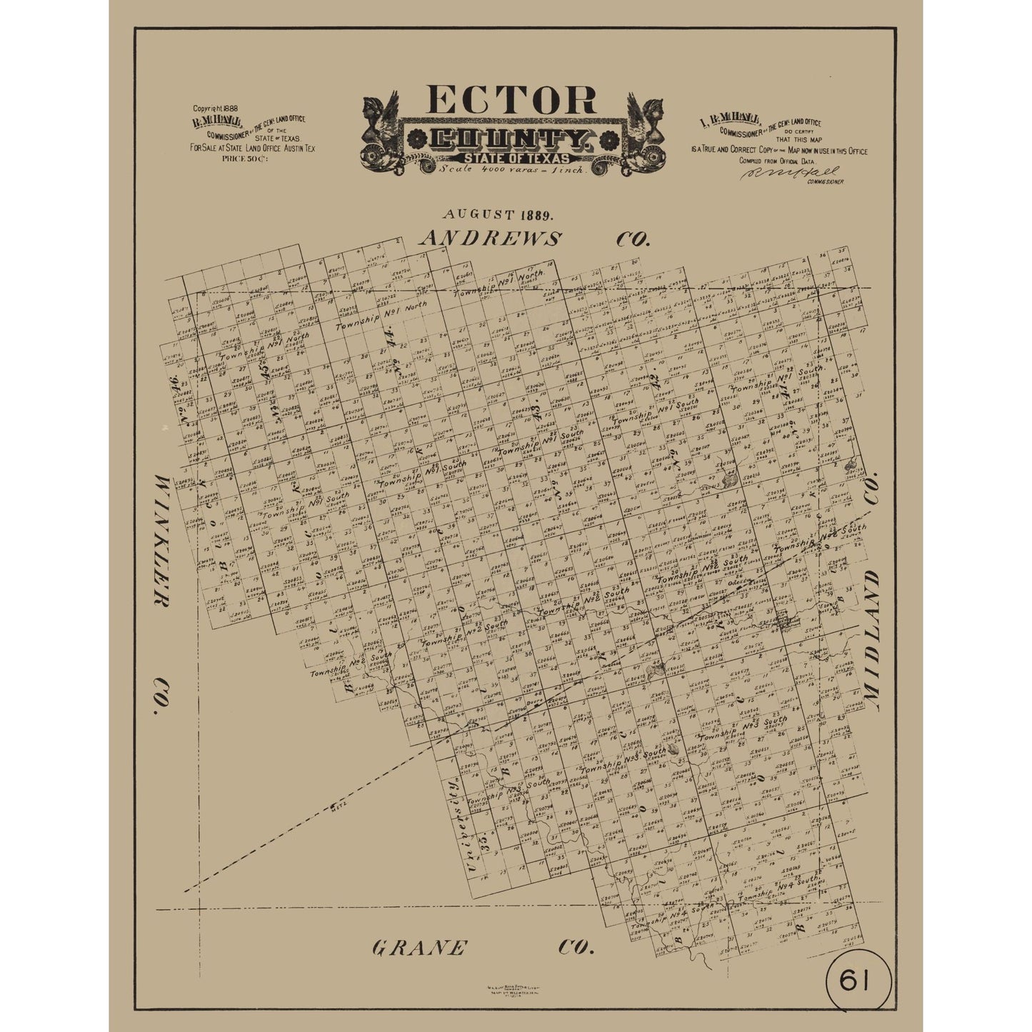 Historic County Map - Ector County Texas - Hall 1889 - 23 x 29.15 - Vintage Wall Art