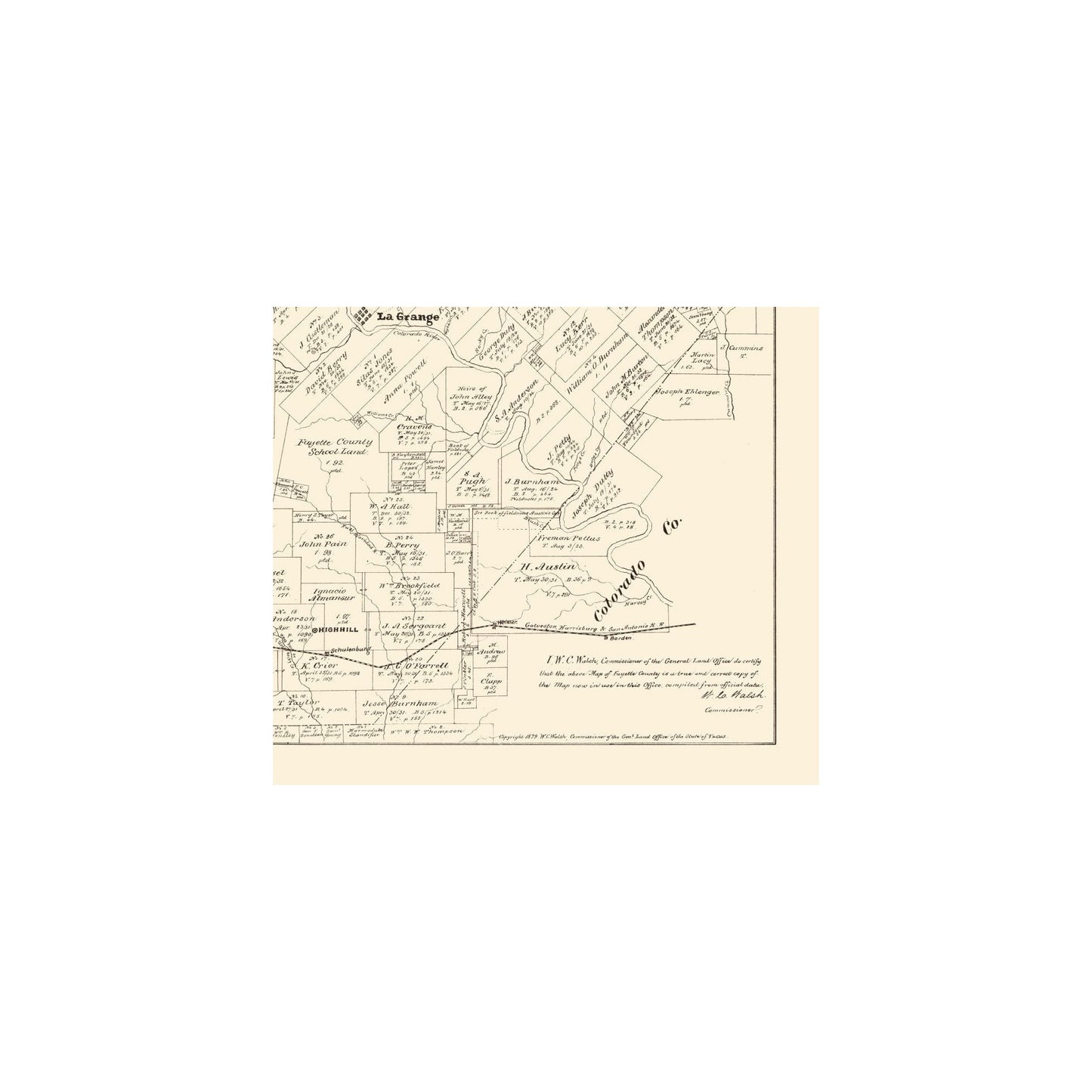 Historic County Map - Fayette County Texas - Walsh 1879 - Vintage Wall Art
