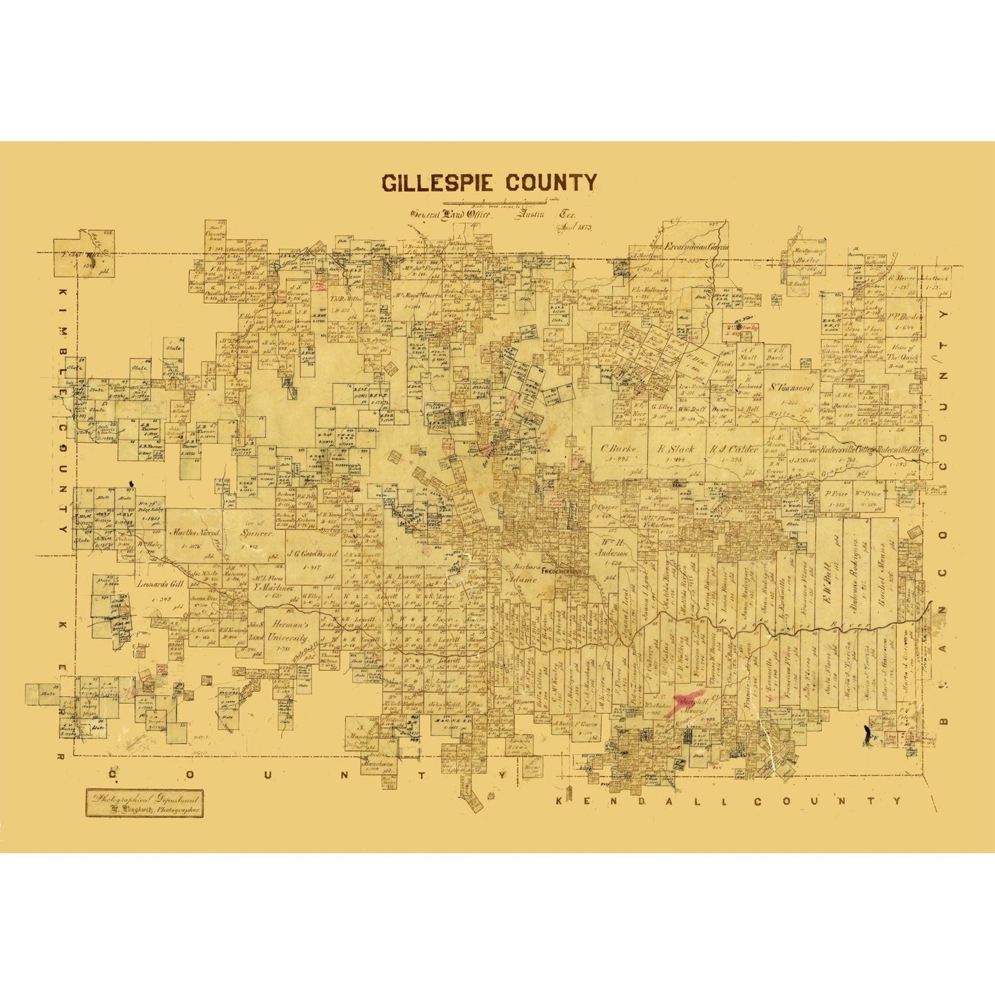 Historic County Map - Gillespie County Texas - General Land Office 1873 - 32.16 x 23 - Vintage Wall Art