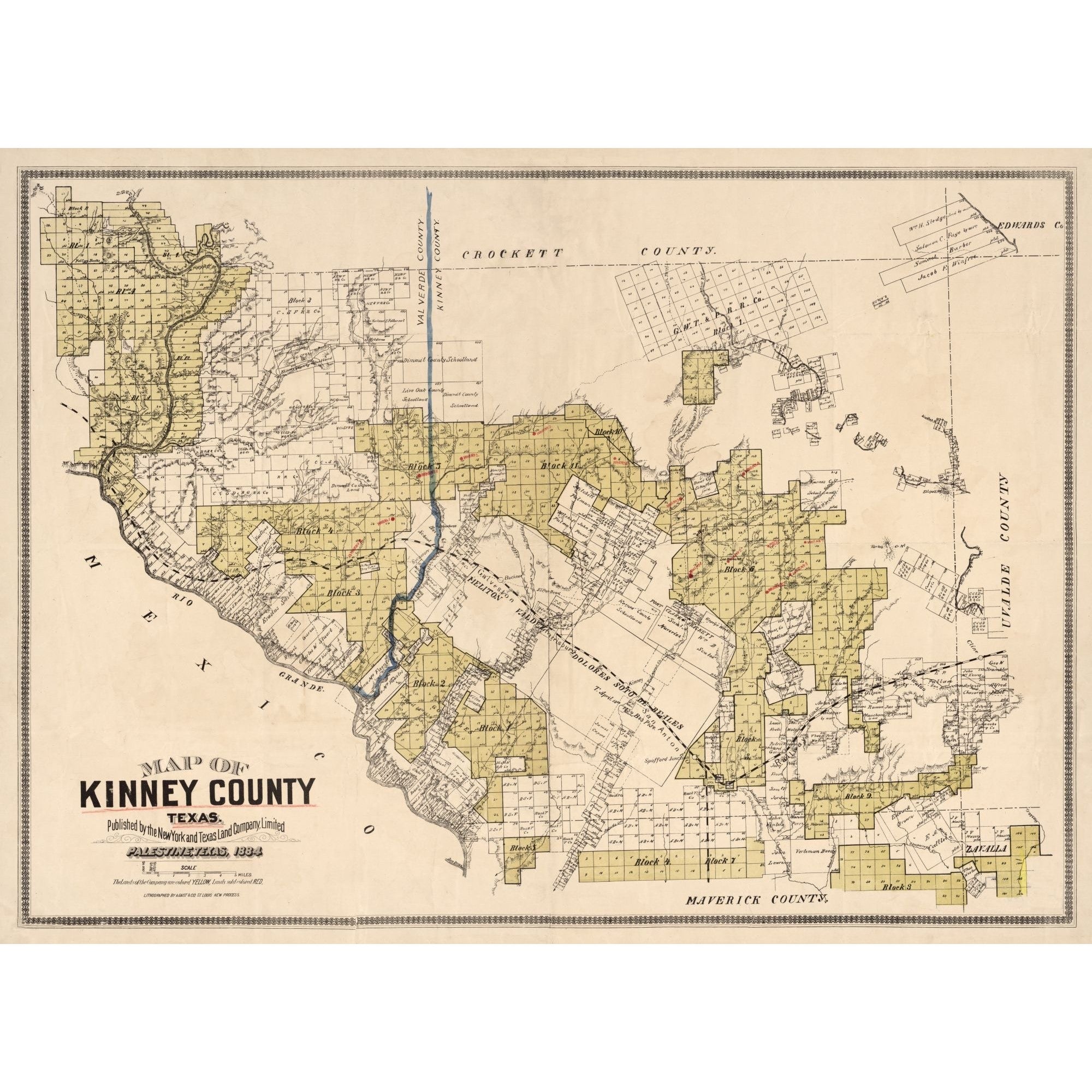 Historic County Map Kinney County Texas Gast 1884 31.56 x 23 V