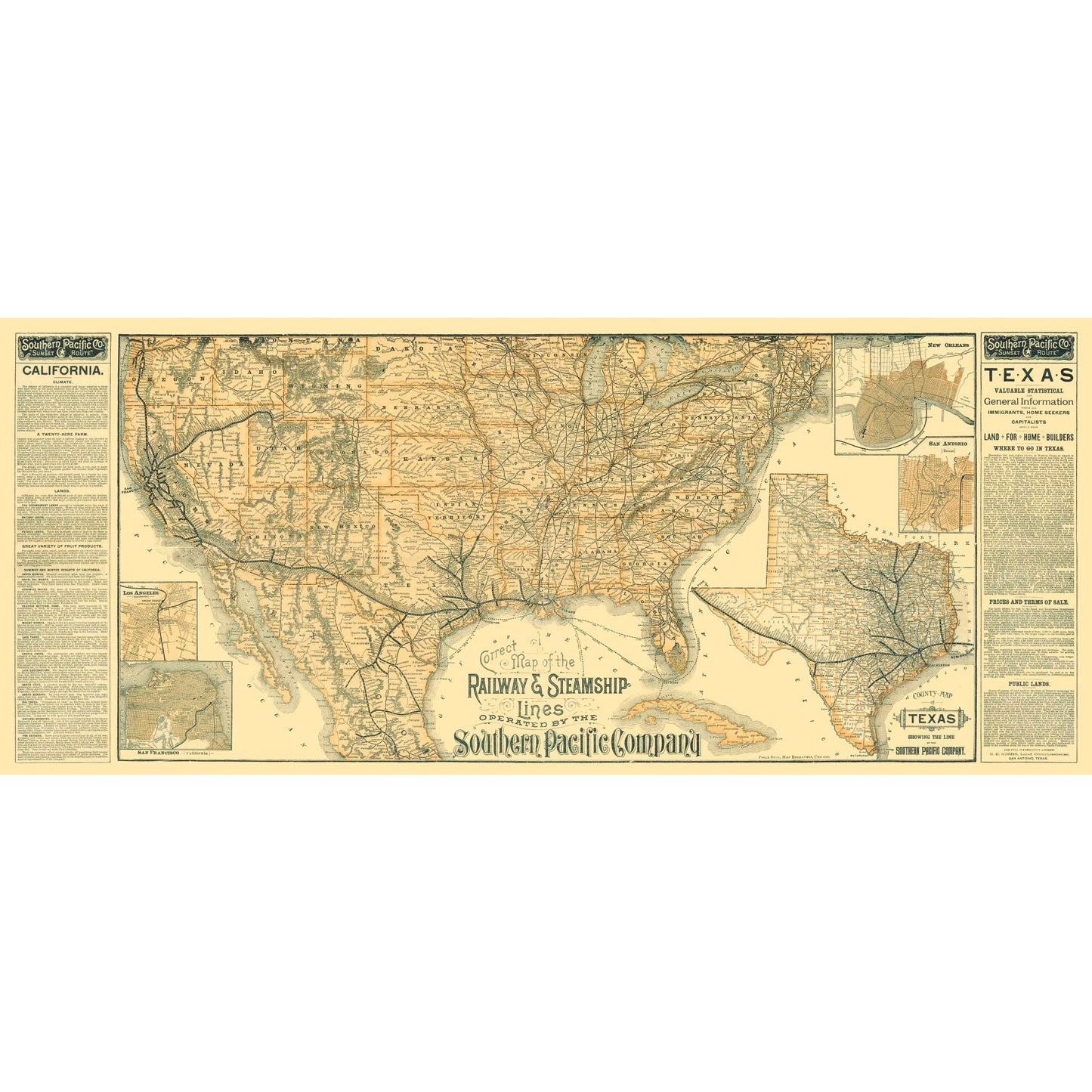 Railroad Map - Texas Railway Steamship - Haus 1894 - 23 x 54.95 - Vintage Wall Art