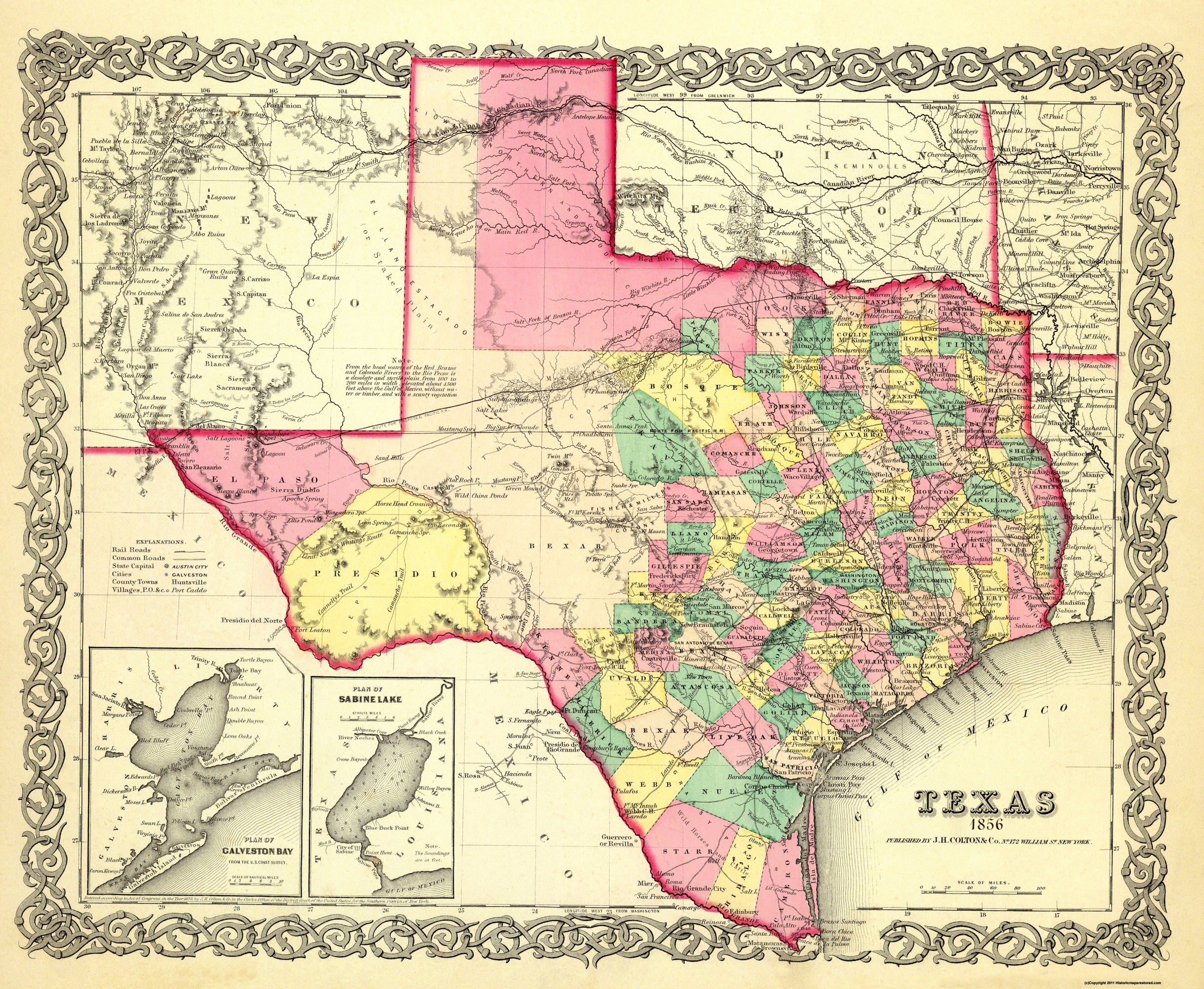 Historic State Map Texas Colton 1856 28 X 23 Vintage Wall Art