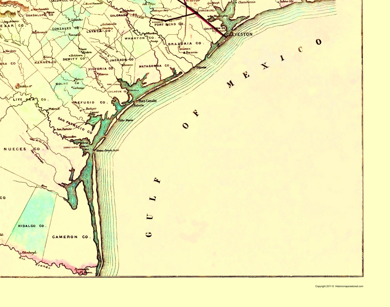 Railroad Map - Galveston Houston Henderson Railroad 1872 - 23 x 29 - Vintage Wall Art
