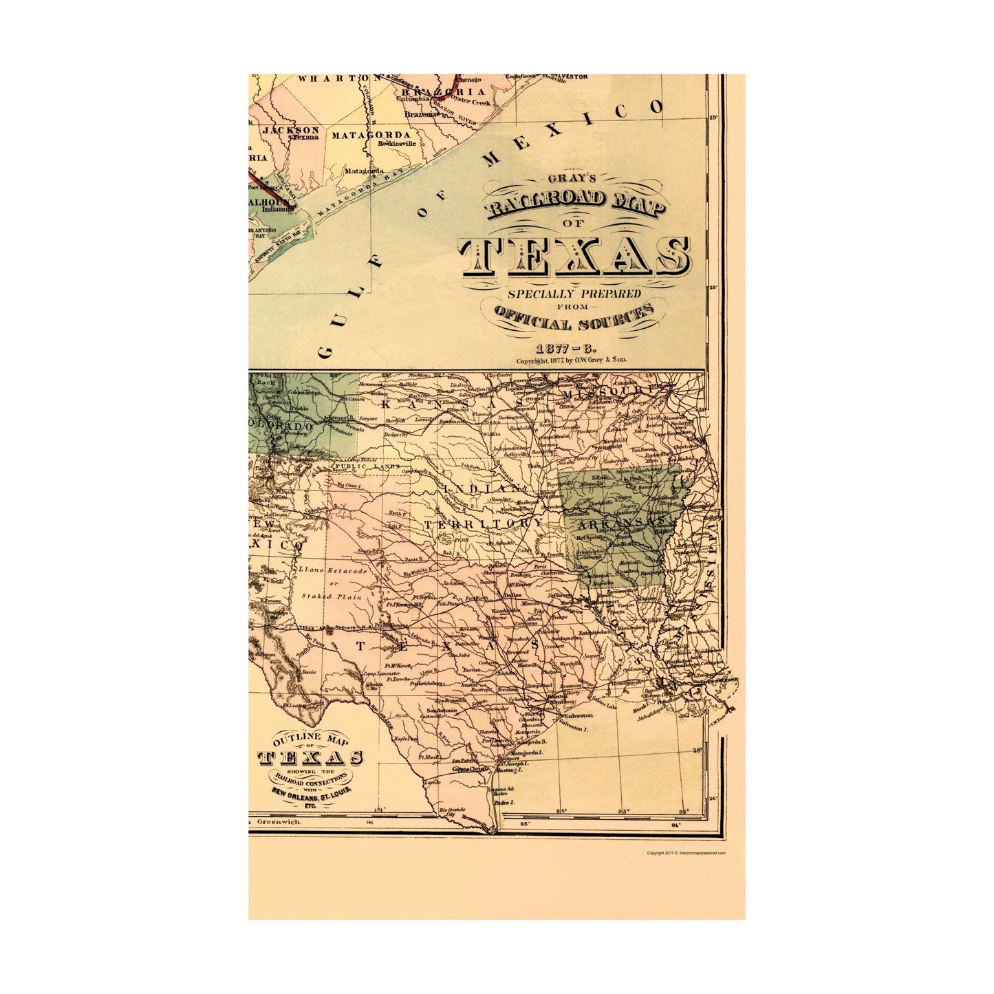 Railroad Map - Texas Railroad - Gray 1877 - 23 x 39.16 - Vintage Wall Art