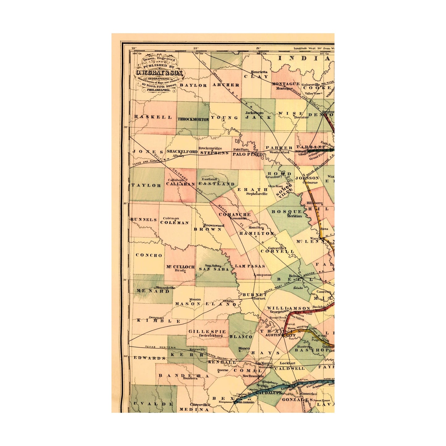Railroad Map - Texas Railroad - Gray 1877 - 23 x 39.16 - Vintage Wall Art