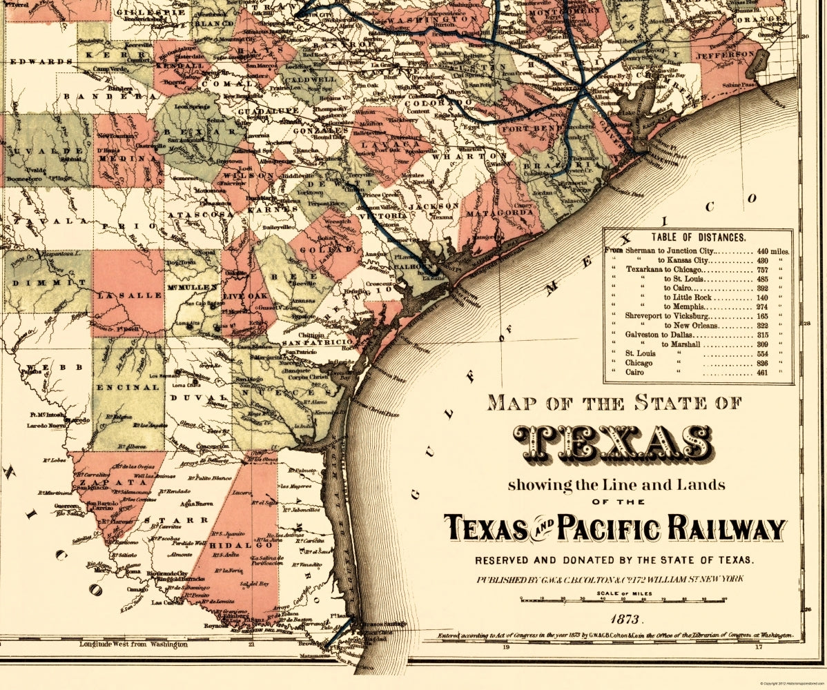 Railroad Map - Texas and Pacific Railway - Colton 1873 - 23 x 27.56 - Vintage Wall Art