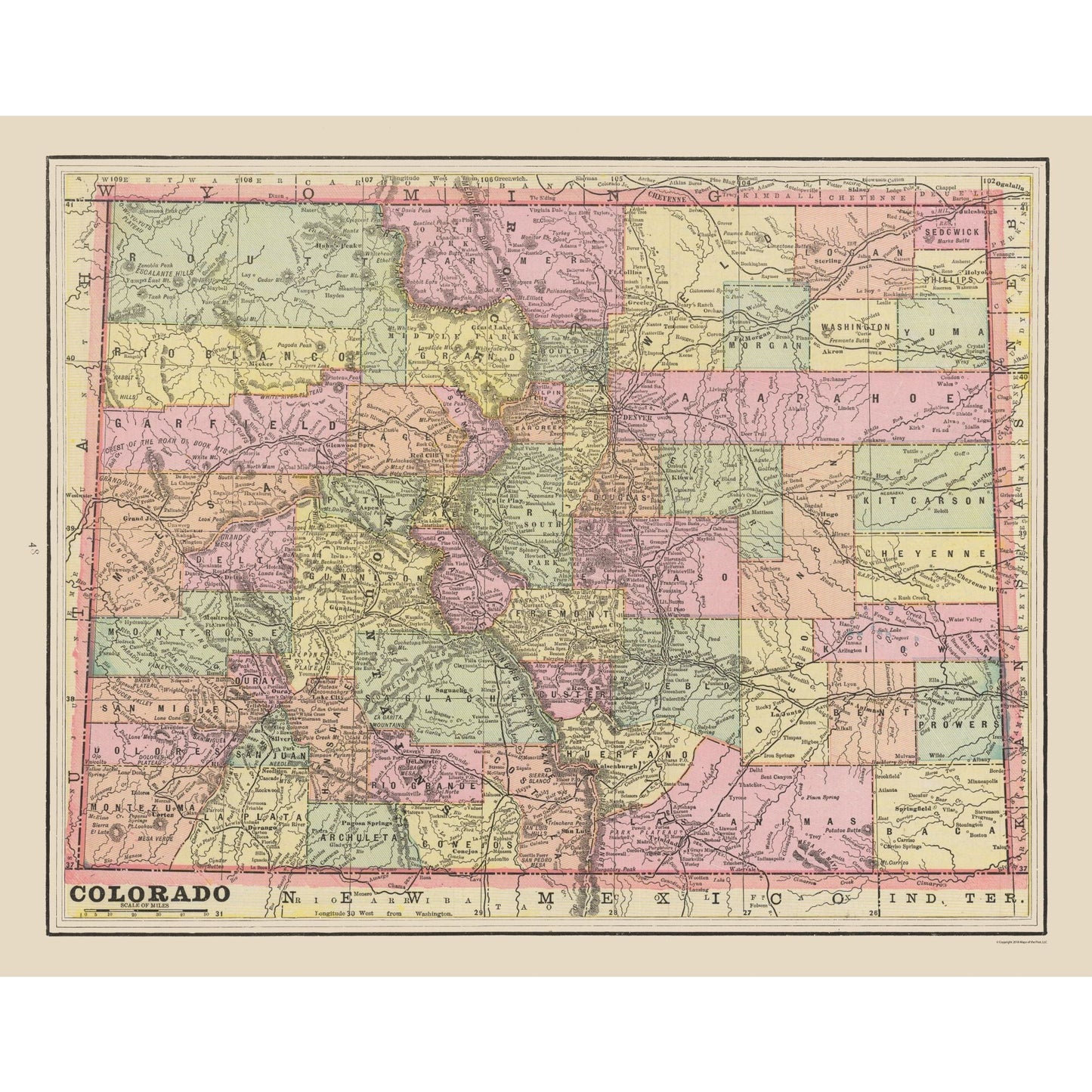 Historic State Map - Colorado - Cram 1892 - 29.17 x 23 - Vintage Wall Art